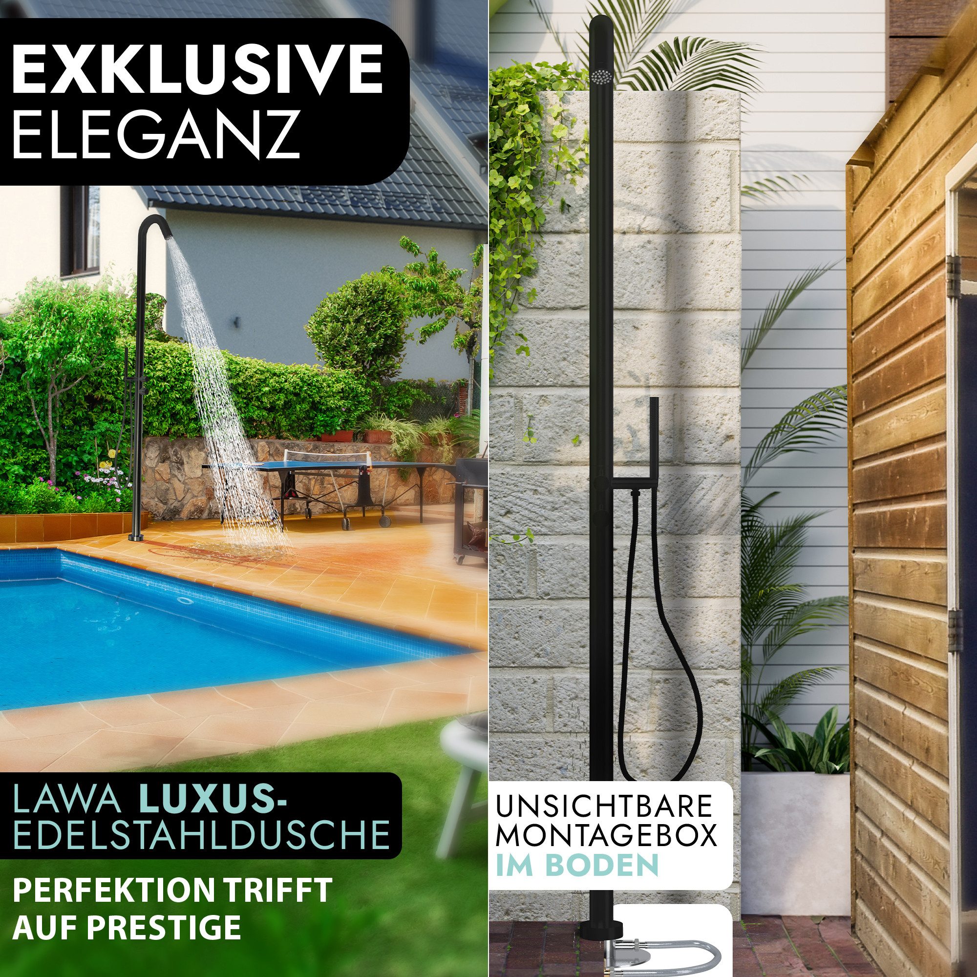 LAWA Living and Lifestyle Gartendusche V2A I 304 Edelstahl rostfrei Handbrause 20cm Regendusche warm kalt (restentleert - winterfest, 2 Anschlüsse, Anti-Kalk Noppen), Aussendusche Saunadusche Pooldusche Warmwasserdusche Kaltwasserdusche