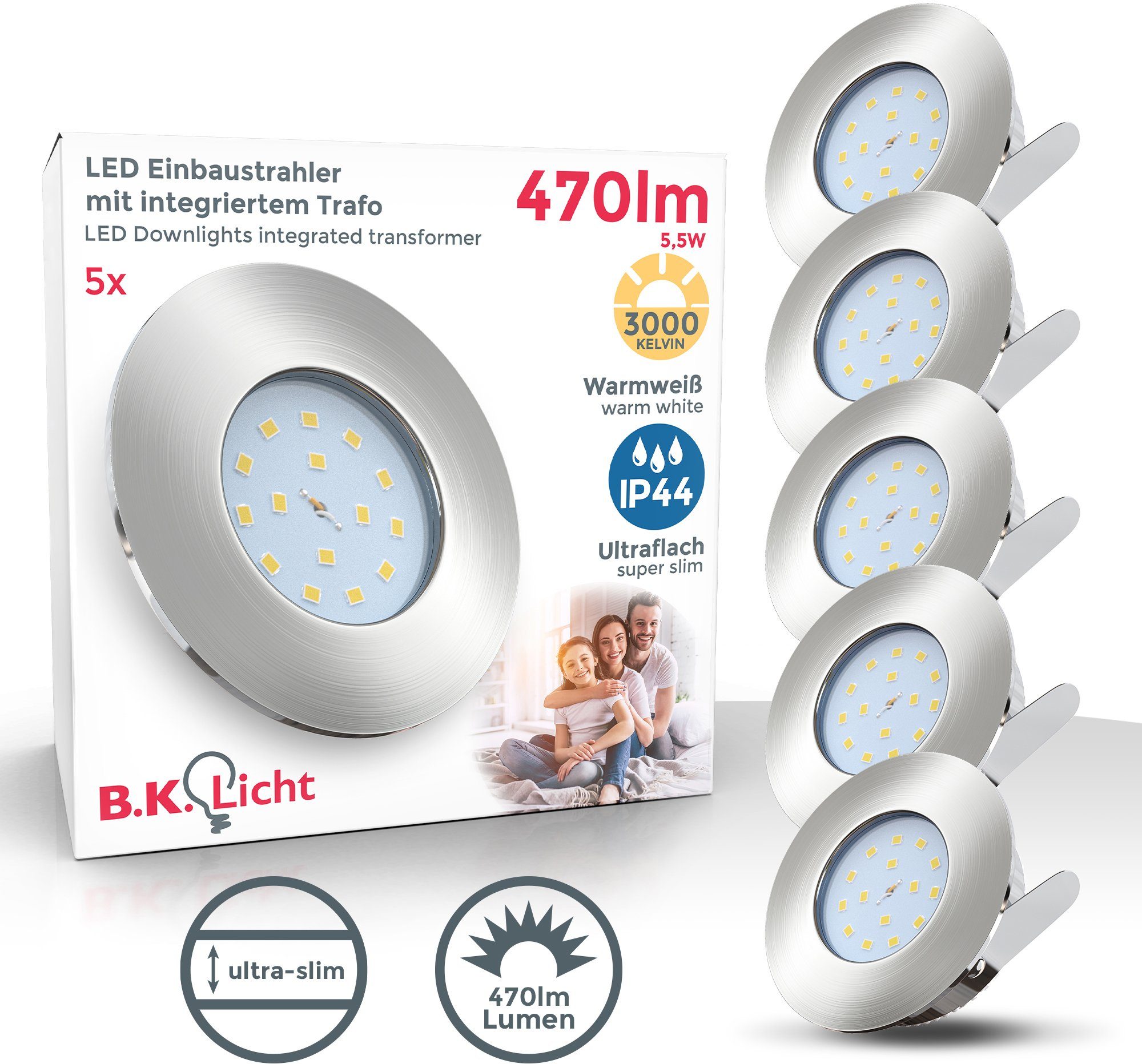 B.K.Licht LED Einbauleuchte Iris V, Dimmfunktion, LED fest integriert, Warmweiß, LED Einbaustrahler, dimmbar, ultra flach (30mm), inkl. 5W 470 Lumen