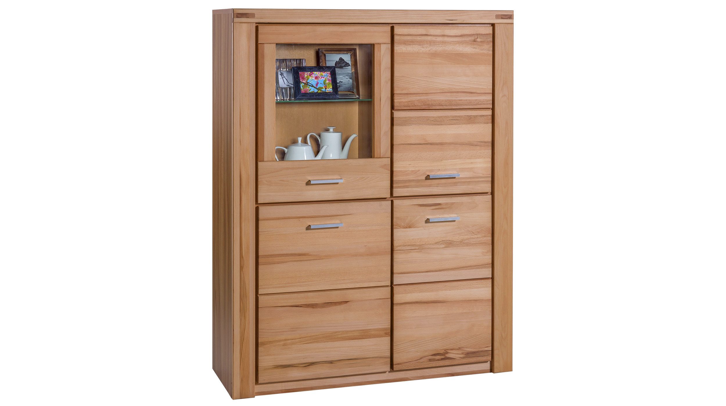 Massivart® Highboard FREYJA 108 cm / Massivholz Kernbuche geölt / Metallgriffe, 3 Holztüren / 1 Glastür / 3 Einlegeböden / 1 Glasboden