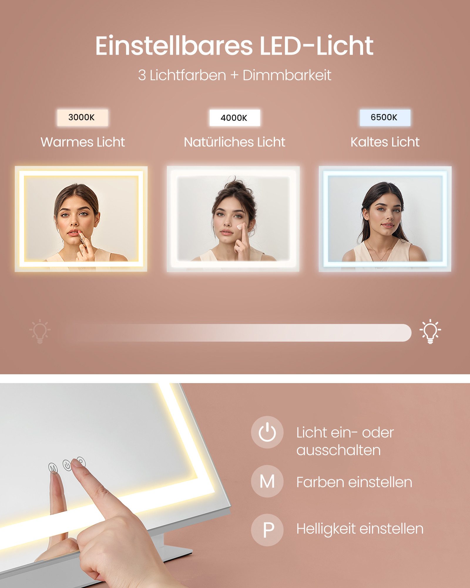 SONGMICS Schminkspiegel mit Beleuchtung, Kosmetikspiegel Touch-Steuerung, dimmbar, Handyhalter, verstellbares LED-Licht, mit USB-A und USB-C, 58 x 43 cm