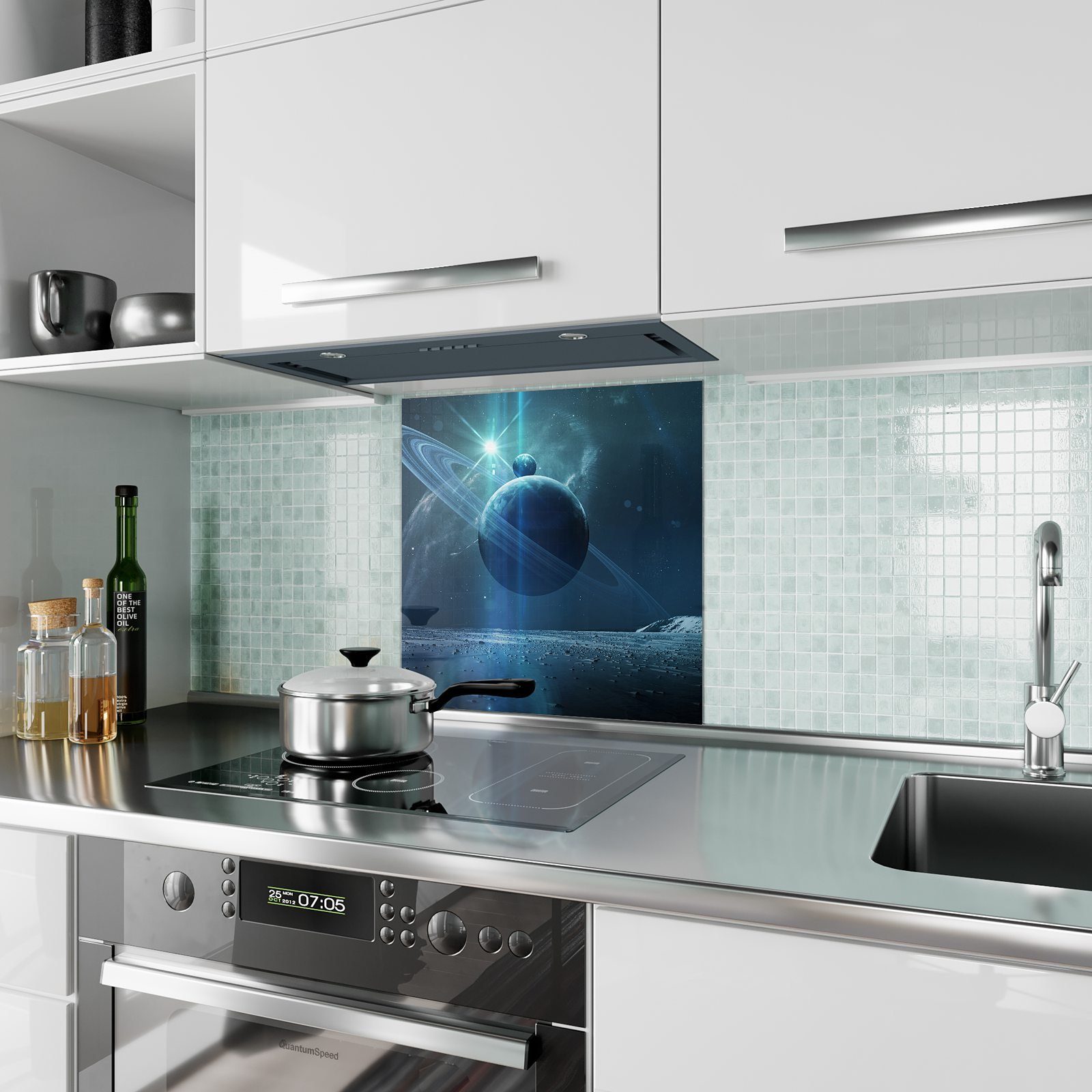 Primedeco Küchenrückwand Küchenrückwand Spritzschutz Glas mit Nebel Motiv im Raum mit Planeten