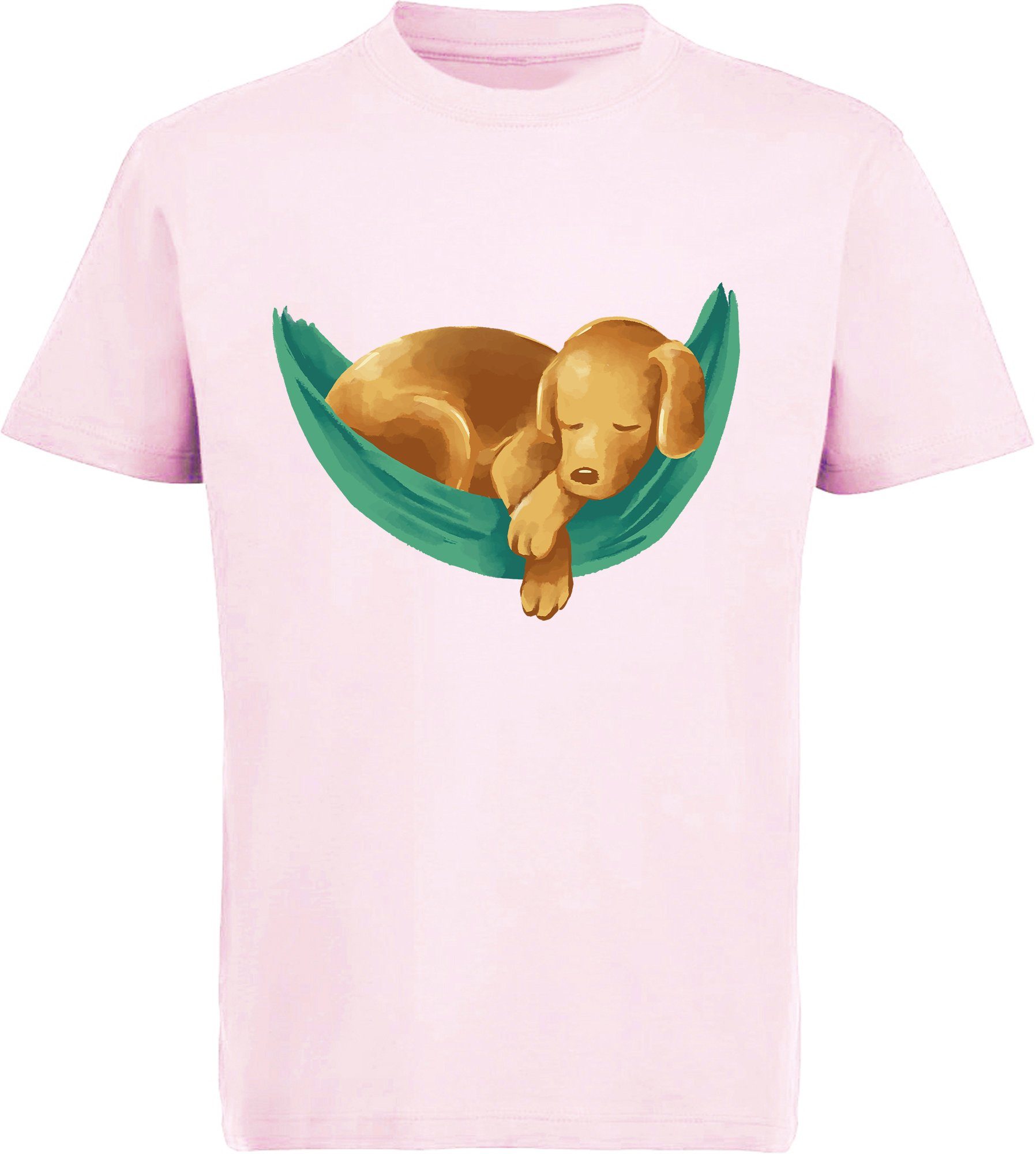 MyDesign24 T-Shirt Kinder Hunde Print Shirt bedruckt - Labrador Welpe in Hängematte Baumwollshirt mit Aufdruck, i245 rosa