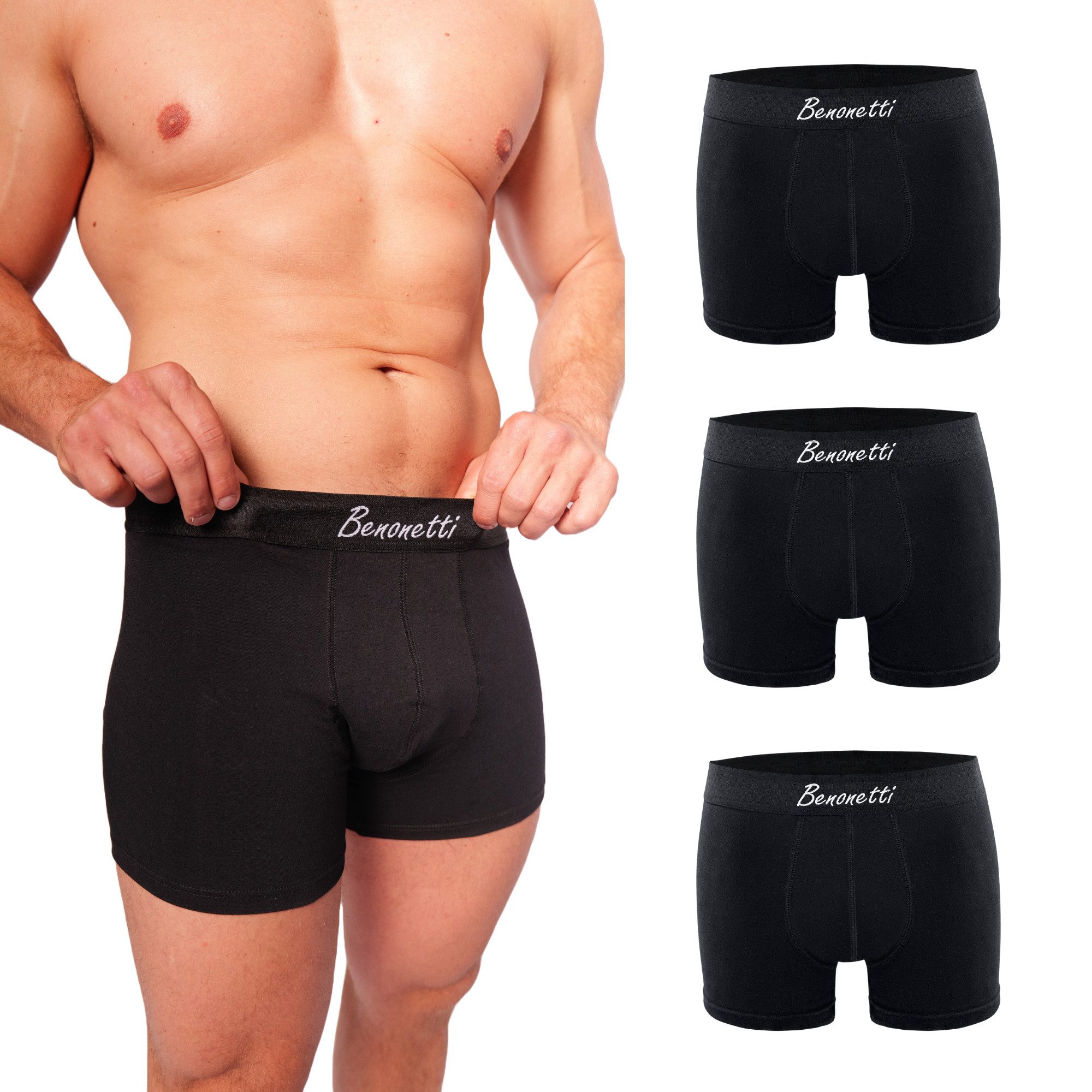Benonetti Боксерские мужские трусы, боксерки Premium Herren Подштанники, Männer Unterwäsche aus feiner Baumwolle (3 Paar, 3-St., Packung, 3er-Pack) Mit Komfortbund und Logo, ohne kratzenden Zettel