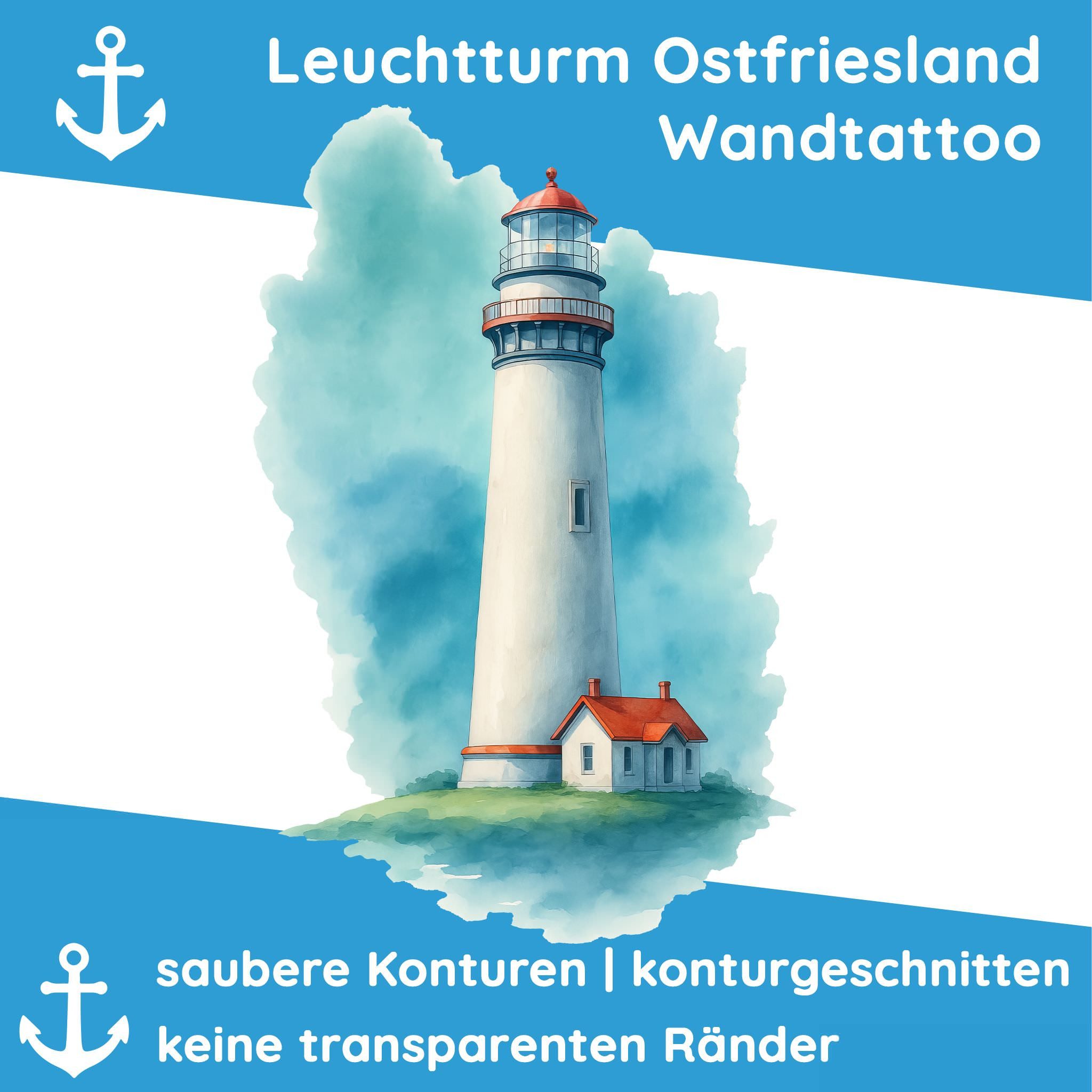 Sunnywall Wandtattoo Aufkleber Maritim Leuchtturm mit Haus – Ostfriesland Aquarell, selbstklebend, konturgeschnitten, rückstandslos entfernbar