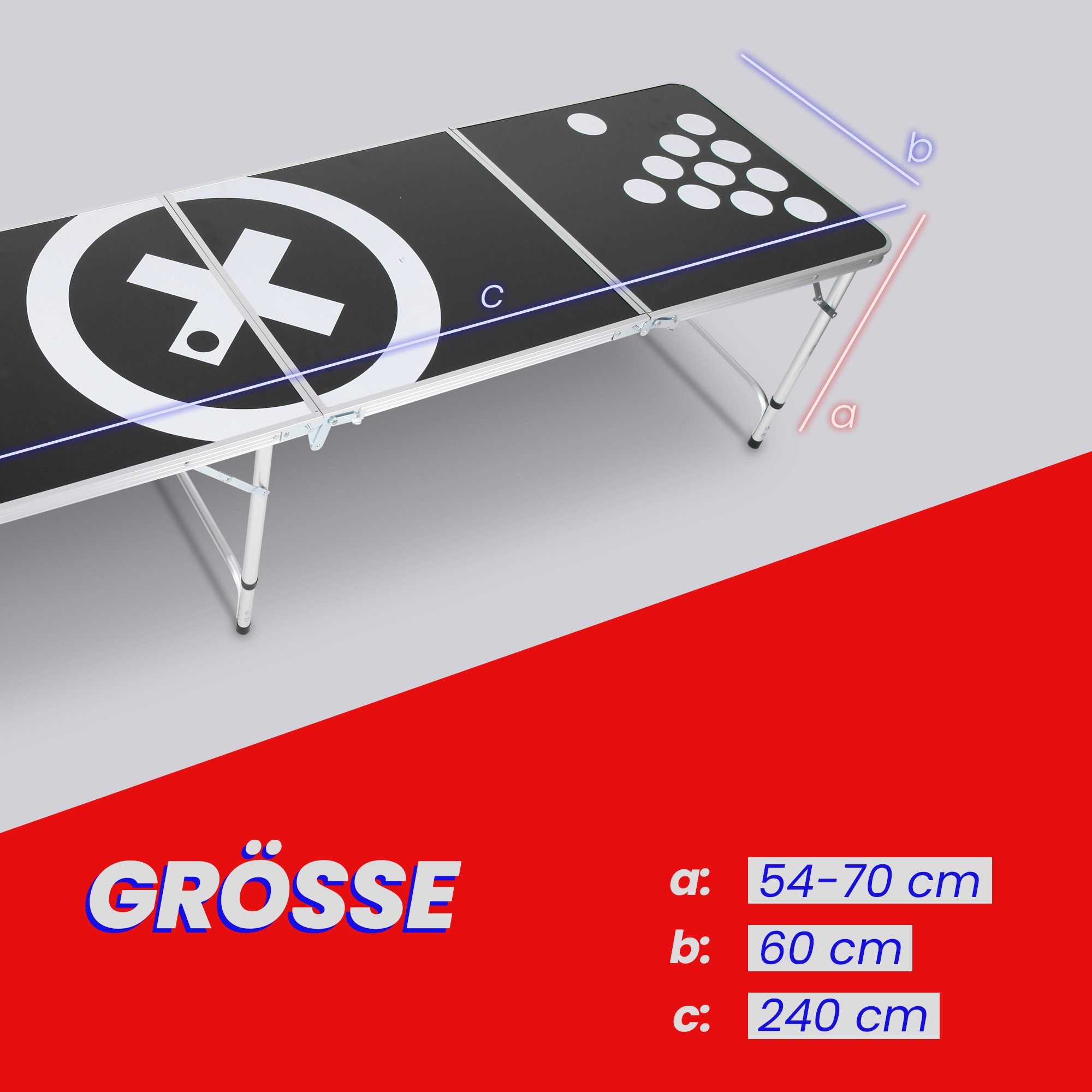 Bestlivings Spieltisch Bierpong-Tisch aus Aluminium 240x60x70cm, faltbar, höhenverstellbar, nur 9kg, langlebig, stabil, Out- & Indoor