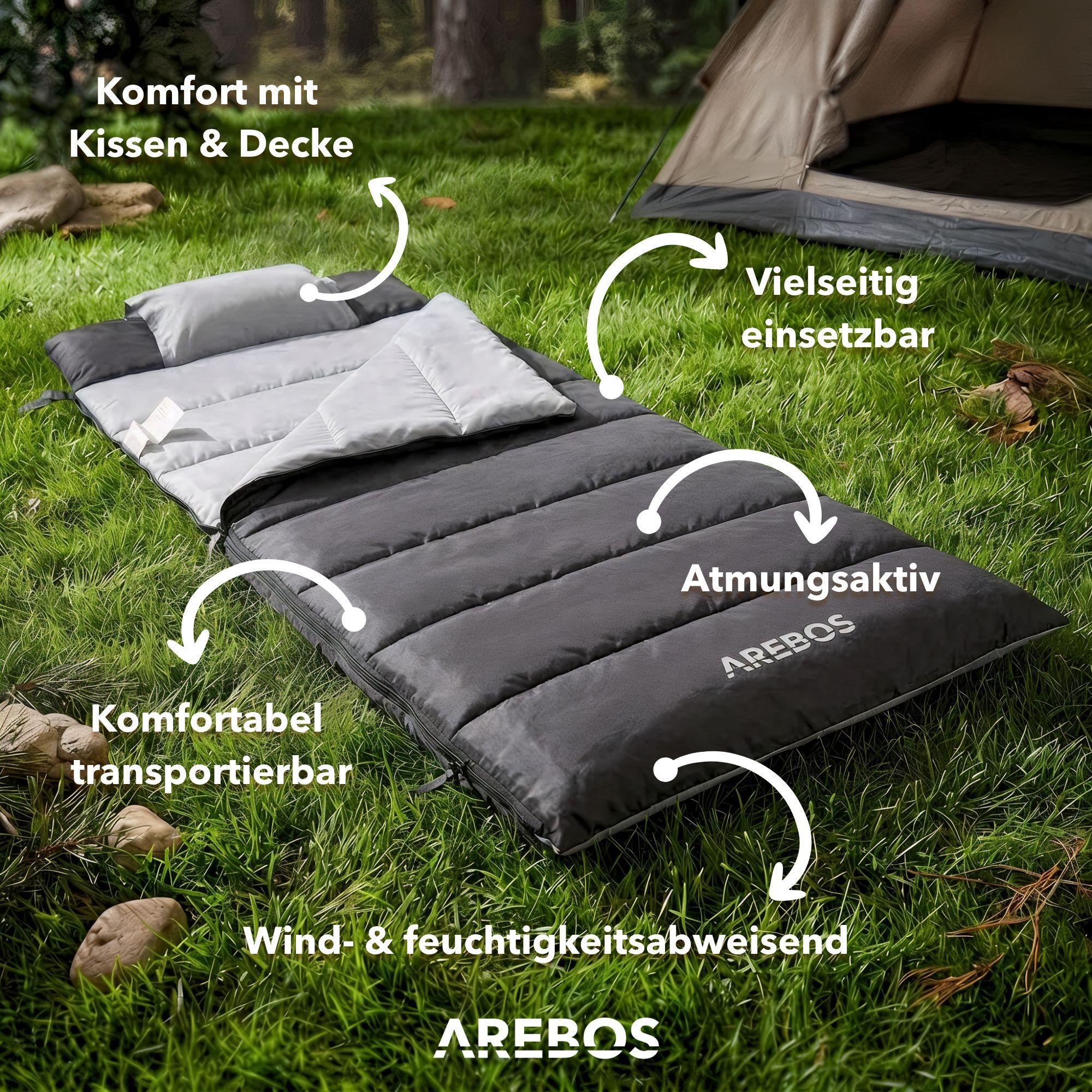 Arebos Deckenschlafsack Schlafsack 220x83 cm mit Kissen & Decke 0-25°C Schwarz (Schlafsack mit Kissen und Decke), Integriertes Kissen, herausnehmbare Fleecedecke, 0–25 °C, Innenfach