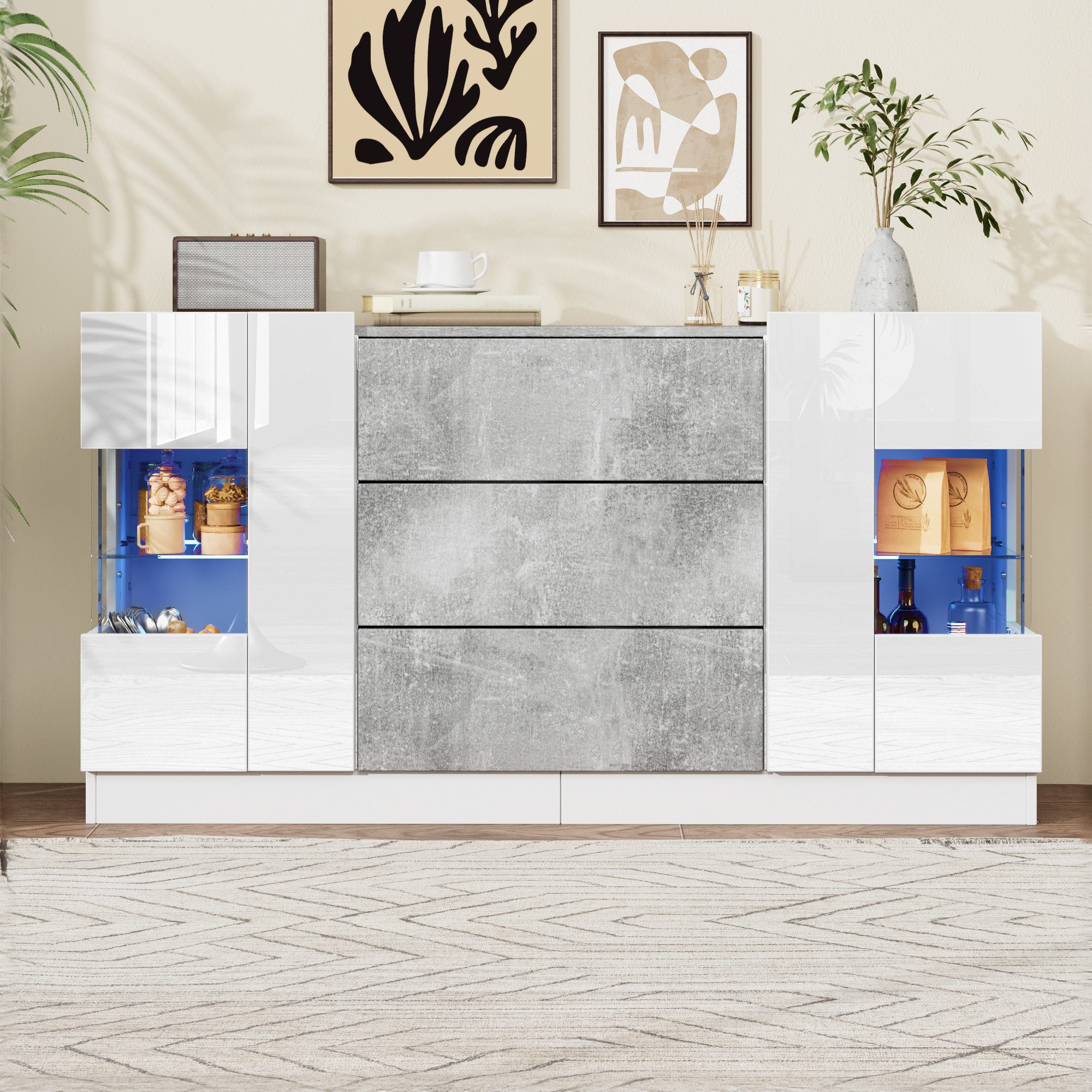 Merax Sideboard in Weiß Hochglanz & Marmoroptik (1 St), Kommode Schrank mit LED, 2 Türen und 3 Schubladen, 140x35x75cm