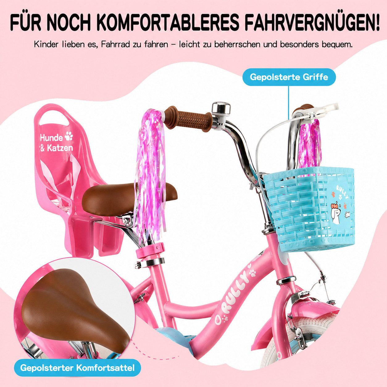 RULLY Kinderfahrrad Kinderfahrrad Mädchen 12/14/16 Zoll für 2–7 Jahre, 1 Gang, Mit Korb, Puppensitz, Stützrädern, Schutzblech & Klingel