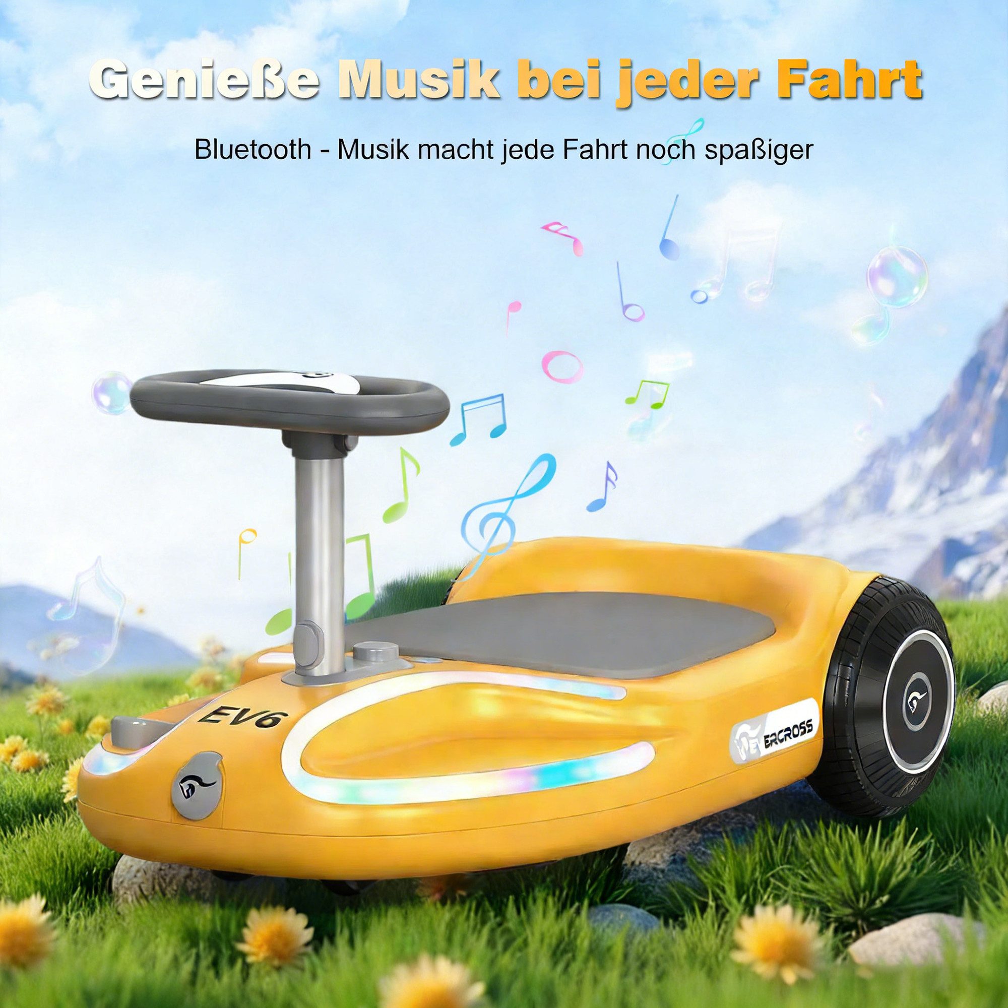 EVERCROSS TECH Elektro-Kinderauto EV6 Elektrisches Rutschauto mit 360°-Drehung & Bluetooth-Musik, 3-Gang-Modi, 25,2V Akku, Maximal 9 km/h,100+ Lichtmoden