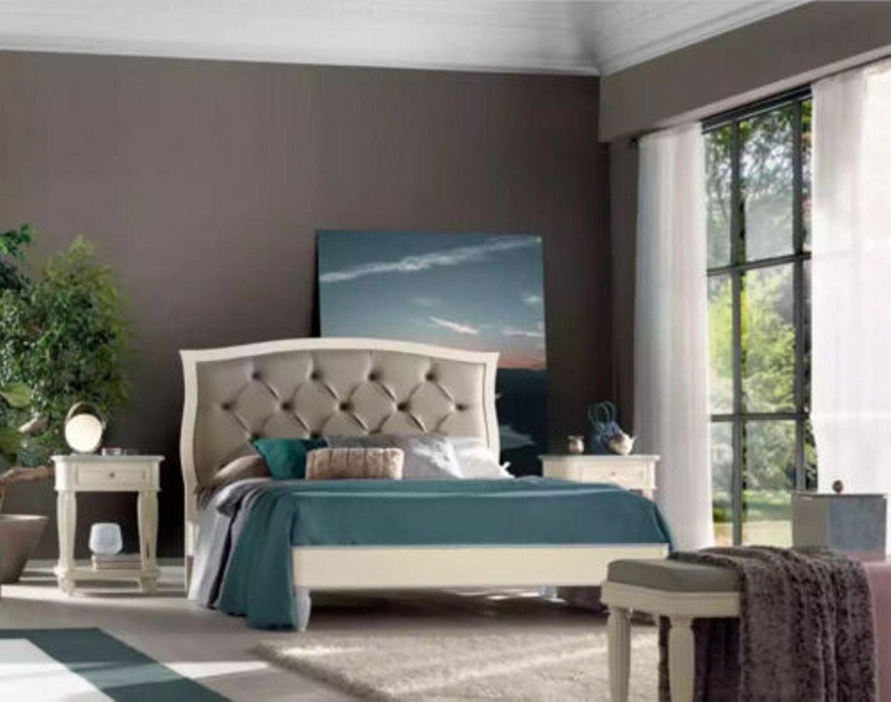 JVmoebel Schlafzimmer-Set Beige Bett 2x Nachttische 3 tlg. Schlafzimmer Set Design Modern, (3-St., Nur Bett + 2x Nachttische), Made in Italy