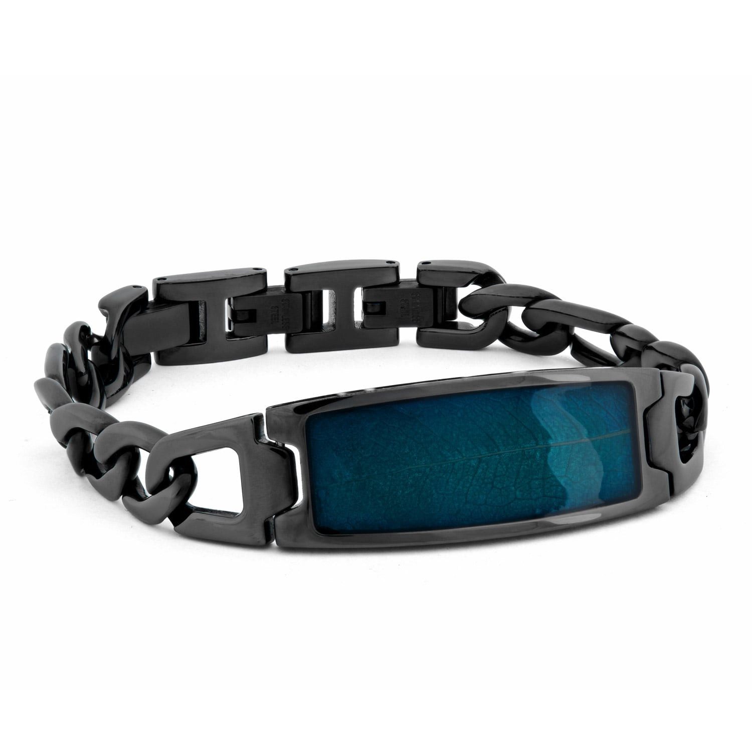 Holzkern Gliederarmband HerrenEdelstahl Modulus Blatt Blau/Schwarz