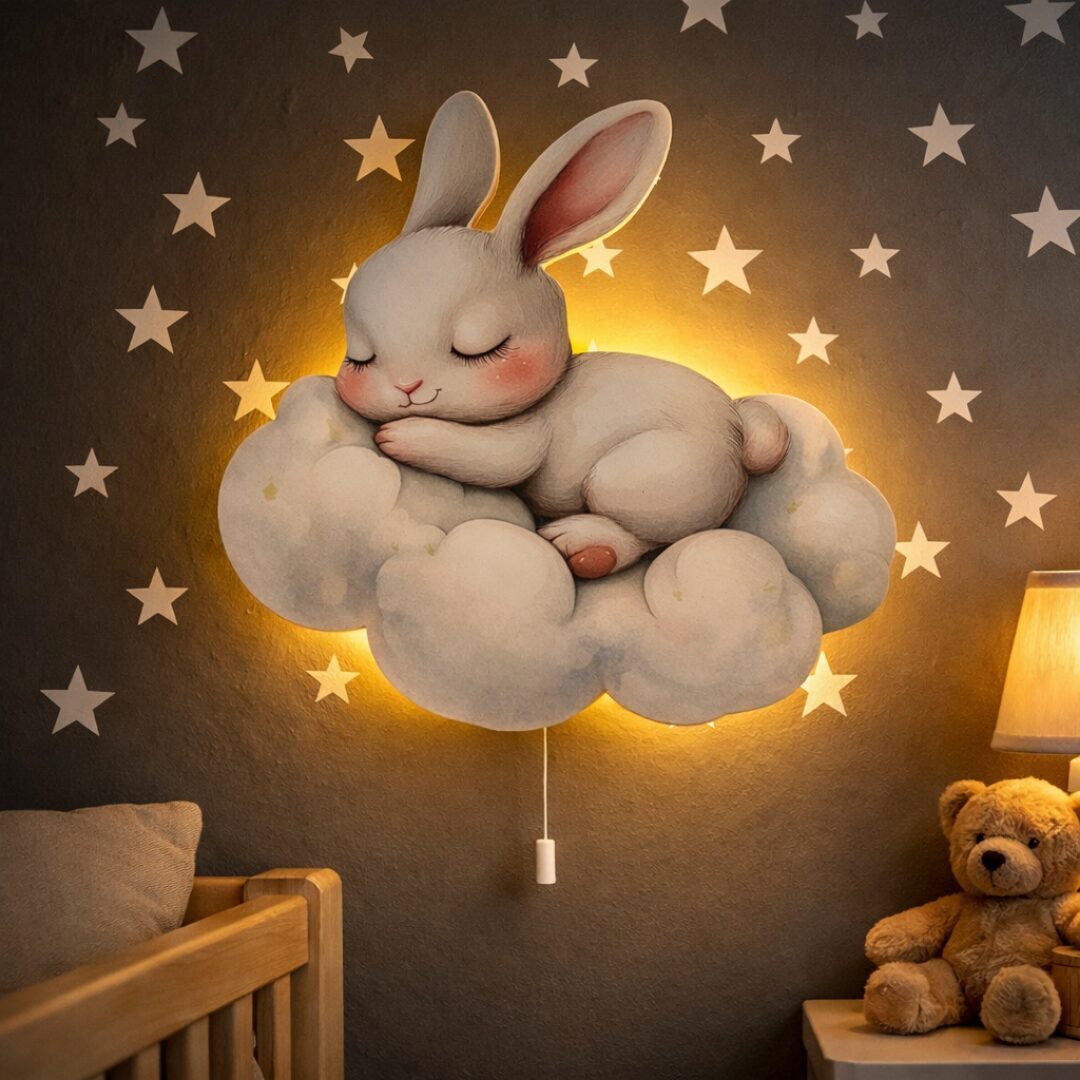 COZYCOLLECTIONS LED Wandleuchte Hase auf Wolke LED-Nachtlicht Weiß Grau, LED, Warmweiß, Montessori-inspiriertes Nachtlicht für ruhige Abendrituale