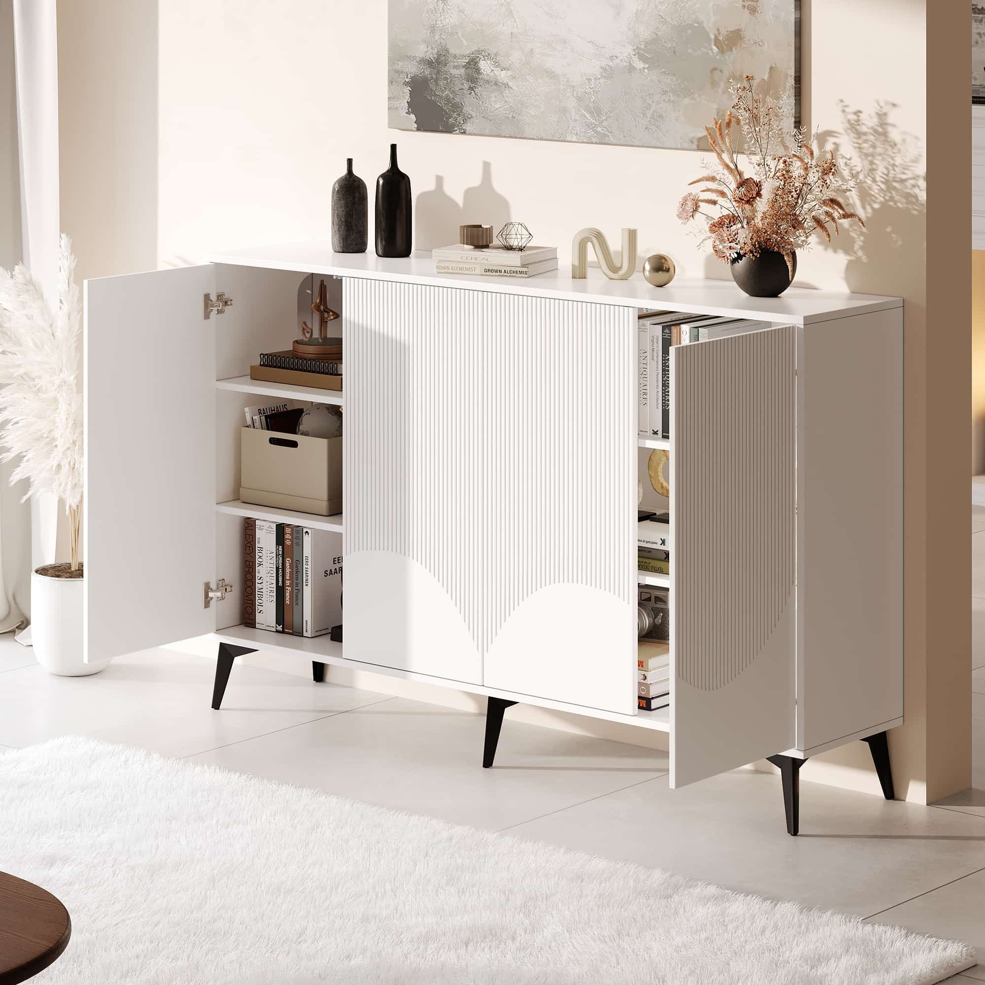ANYSUN Sideboard Weiß 160 cm Schrank Kommode 4 Türen verstellbare Böden (Vollständiges Möbel-Set, verstellbaren Einlegeböden und stabilen Metallbeinen), Moderne – Bild 4 von 5