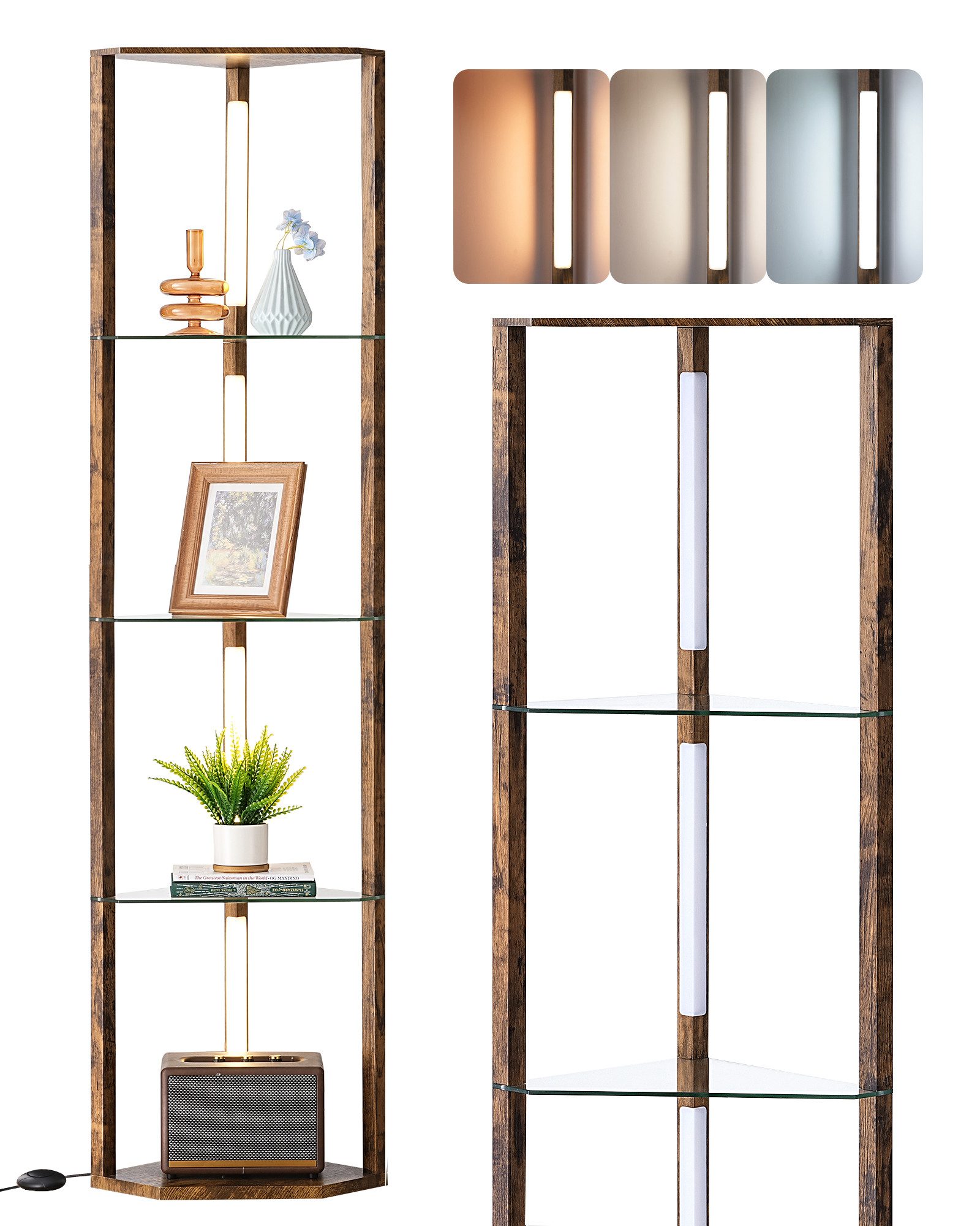 EDISHINE Stehlampe Wohnzimmer Dimmbar, Standleuchte mit Ablage, Ohne RGB, LED fest integriert, warmweiß bis kaltweiß dimmbar, LED Dimmbar Stehleuchte, Regal mit Licht