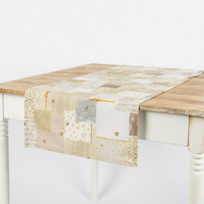 SCHÖNER LEBEN. Tischläufer Schöner Leben Tischläufer Patchwork Schleife goldfarbig weiß 40x160cm handmade