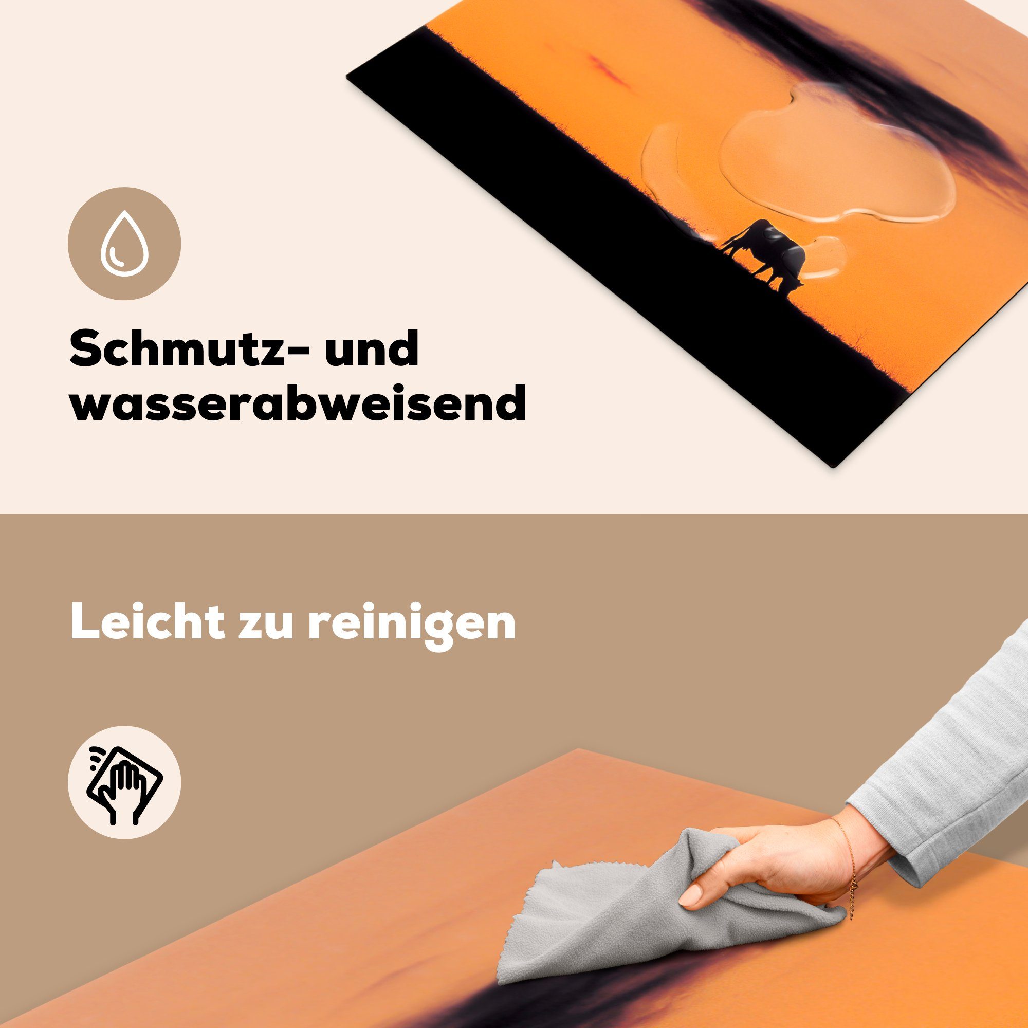 Induktionskochfeld Sonnenuntergang, Ceranfeldabdeckung Vinyl, Schutz Silhouette - tlg), (1 für - 71x52 die küche, Kühe MuchoWow Herdblende-/Abdeckplatte cm,