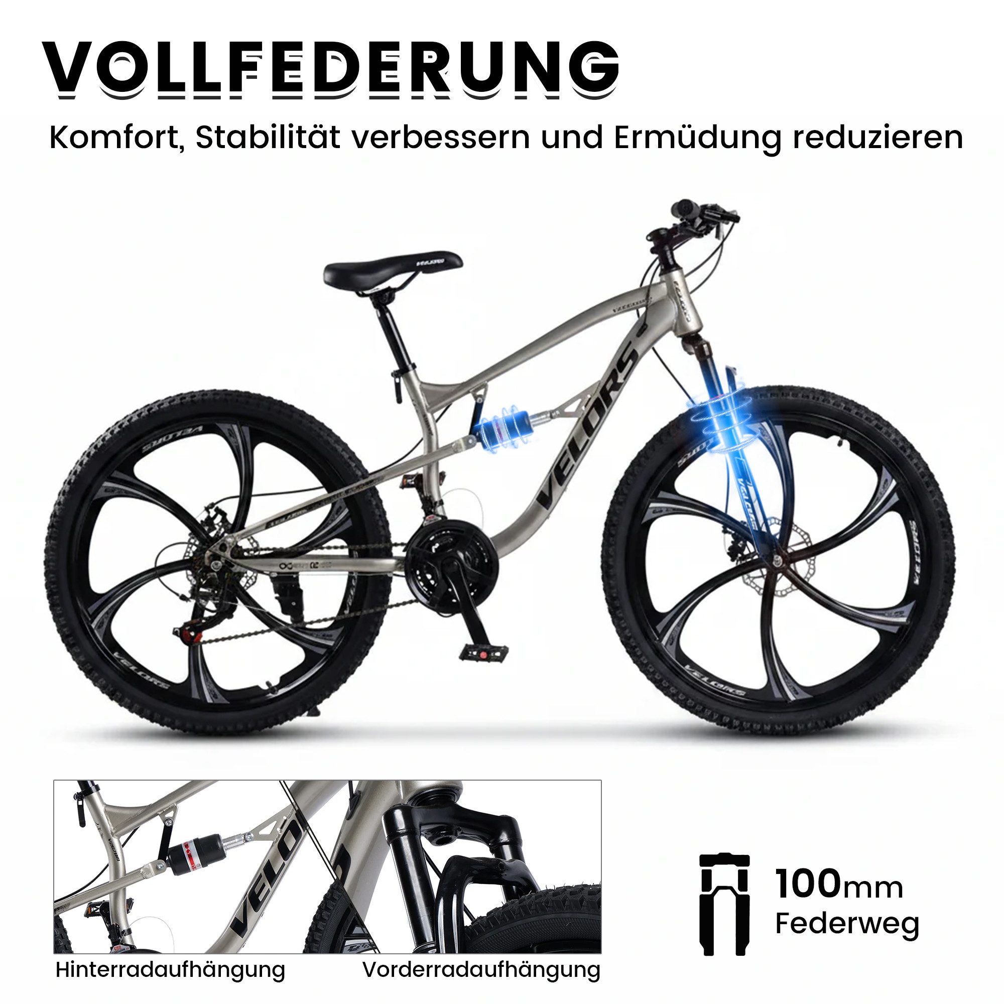 Velors Mountainbike 26 Zoll Fahrrad für Herren Damen, 21 Gang Shimano Tourney Schaltwerk, Kettenschaltung, (Magnesiumfelgen mit 3 Speichen), Kettenschaltung Jugendfahrrad MTB Fully Fahrrad