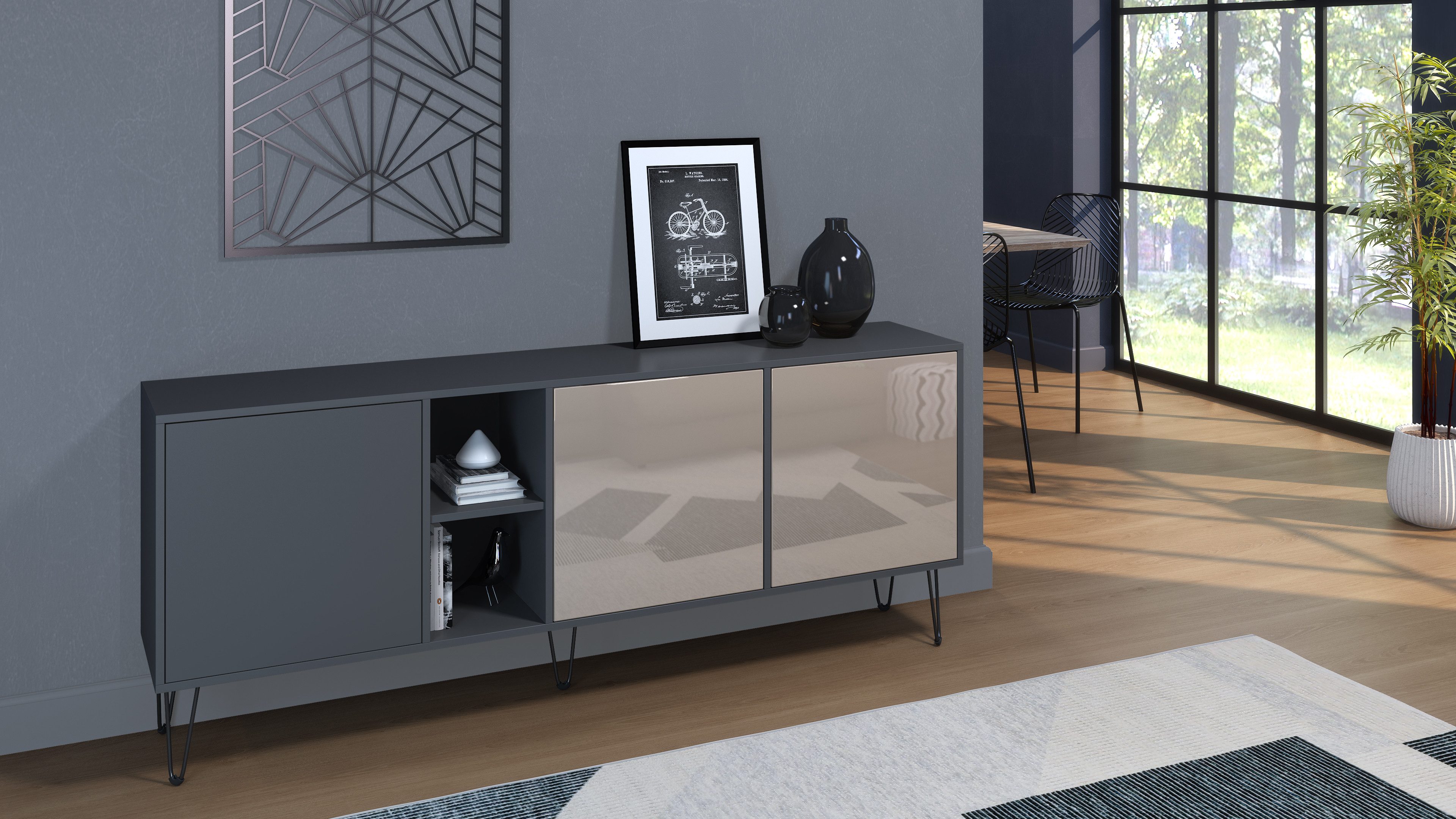 Vladon Sideboard Havana (TV-Schrank mit 3 Türen und 2 offene Fächer, Kommode Made in Germany), Anthrazit matt / Sandgrau Hochglanz (181,5 x 73 x 35 cm)
