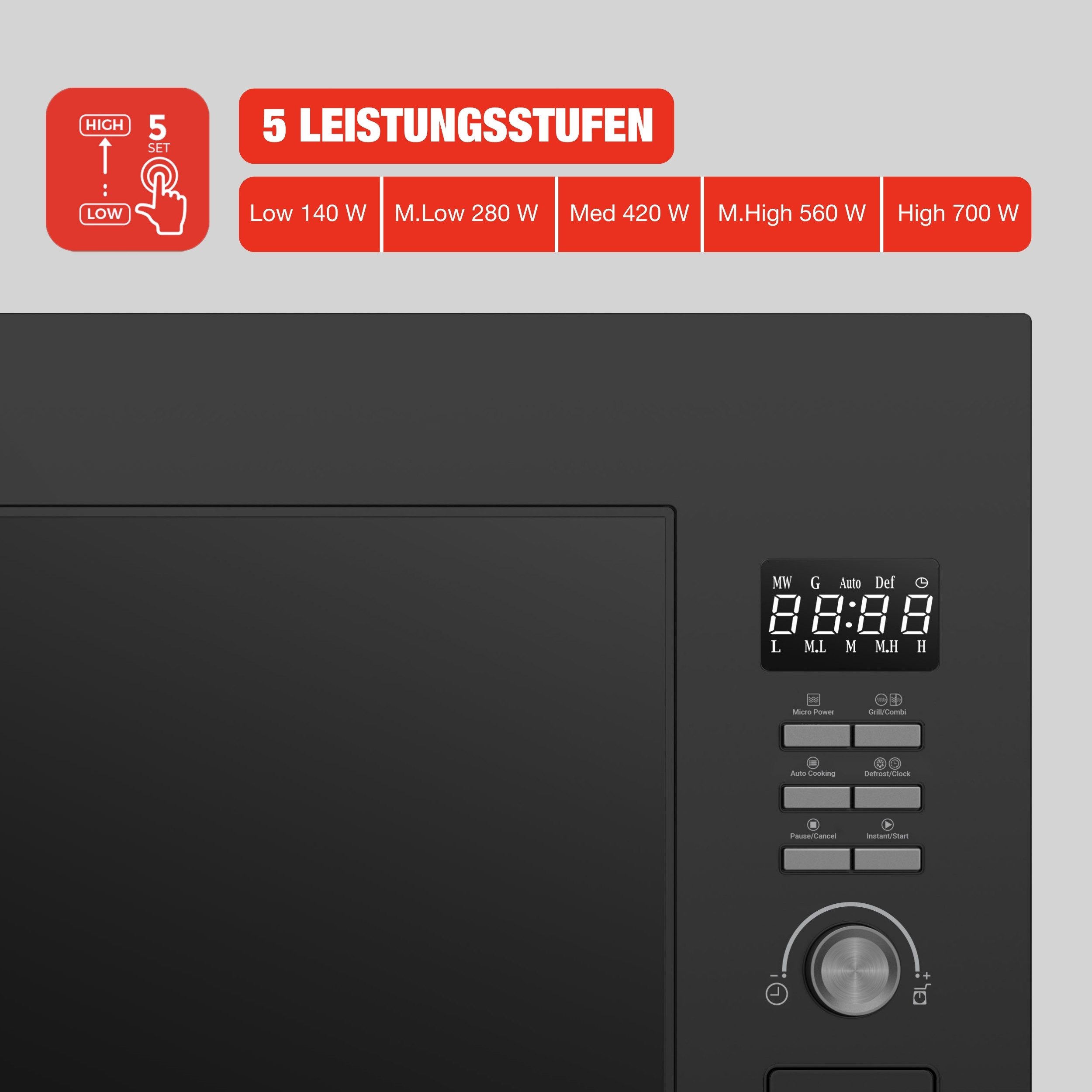 Telefunken Einbau-Mikrowelle B-MWE-20-G-B, Grill und Mikrowelle, 20 l, Einbaumikrowelle mit Grill, 700 W, 800 W Grill, Timer, schwarz, 60 cm