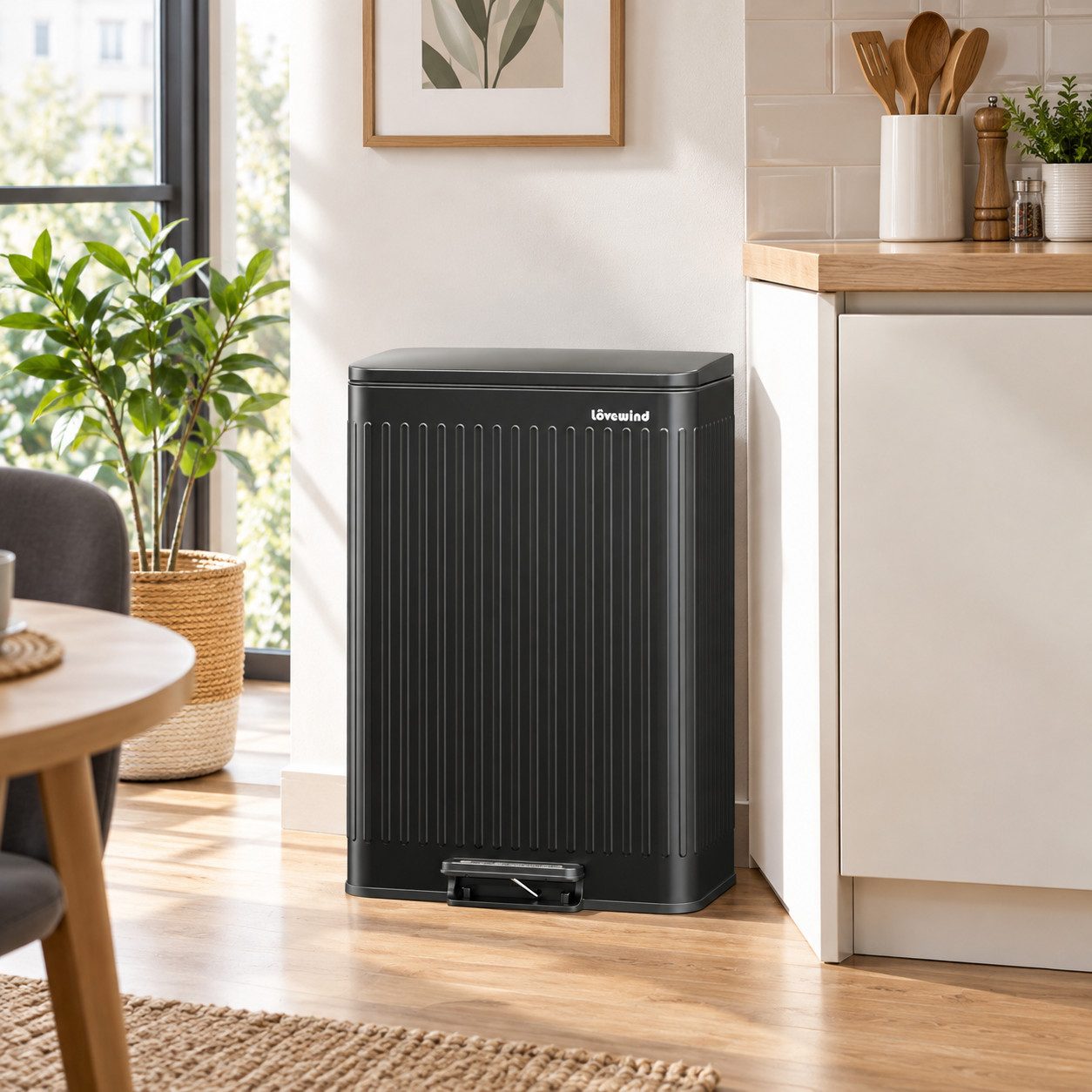 Lovewind Mülleimer Mülltrennsystem 2 Fächer 60 L Küche 2 × 30 L Treteimer Edelstahl, Großraum-Mülleimer mit Metallpedal Leise schließender Deckel Schwarz