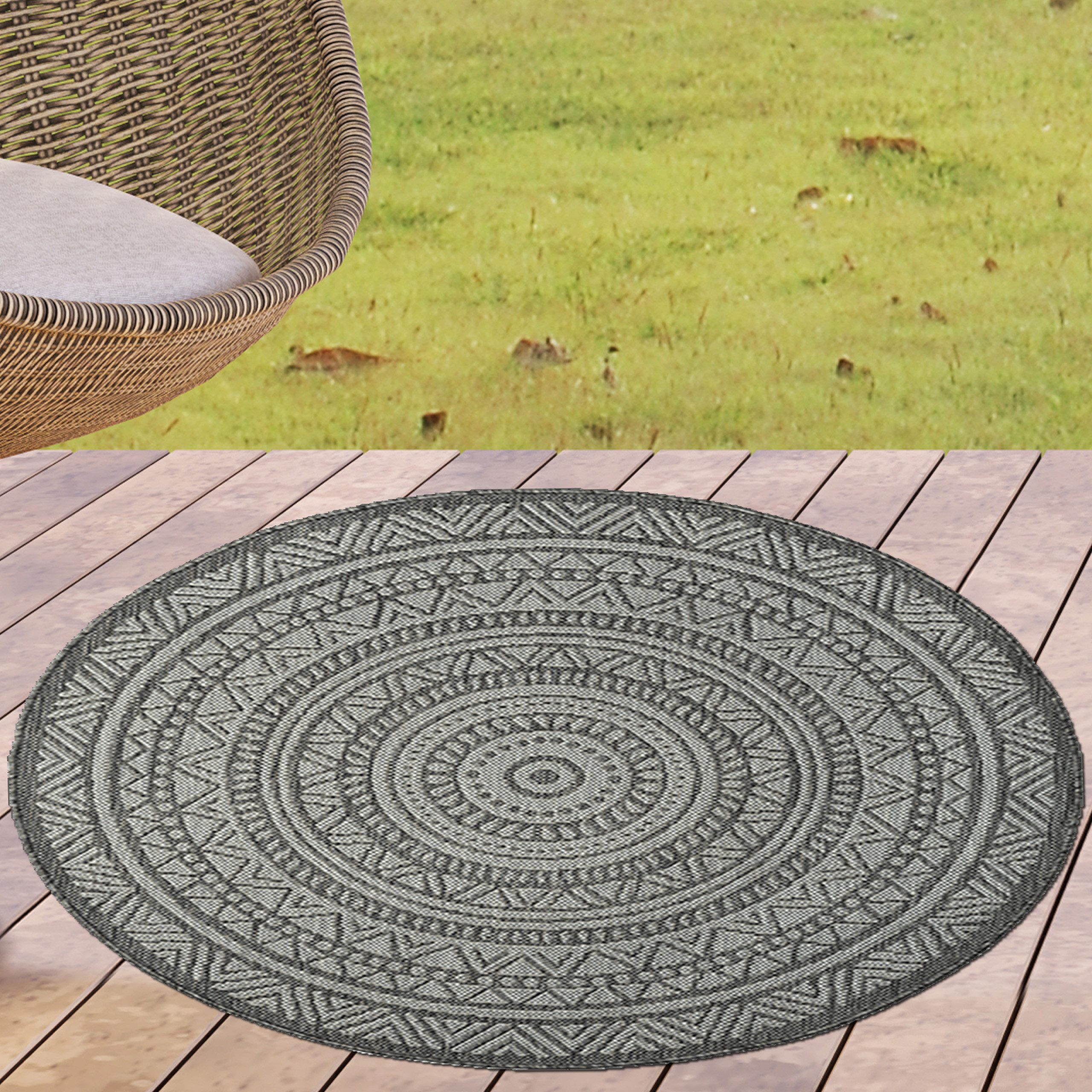 Carpetia Outdoorteppich zeitlos, rund, Höhe: 5 mm, pflegeleicht, wetterbeständig, für Innen- und Außenbereich geeignet