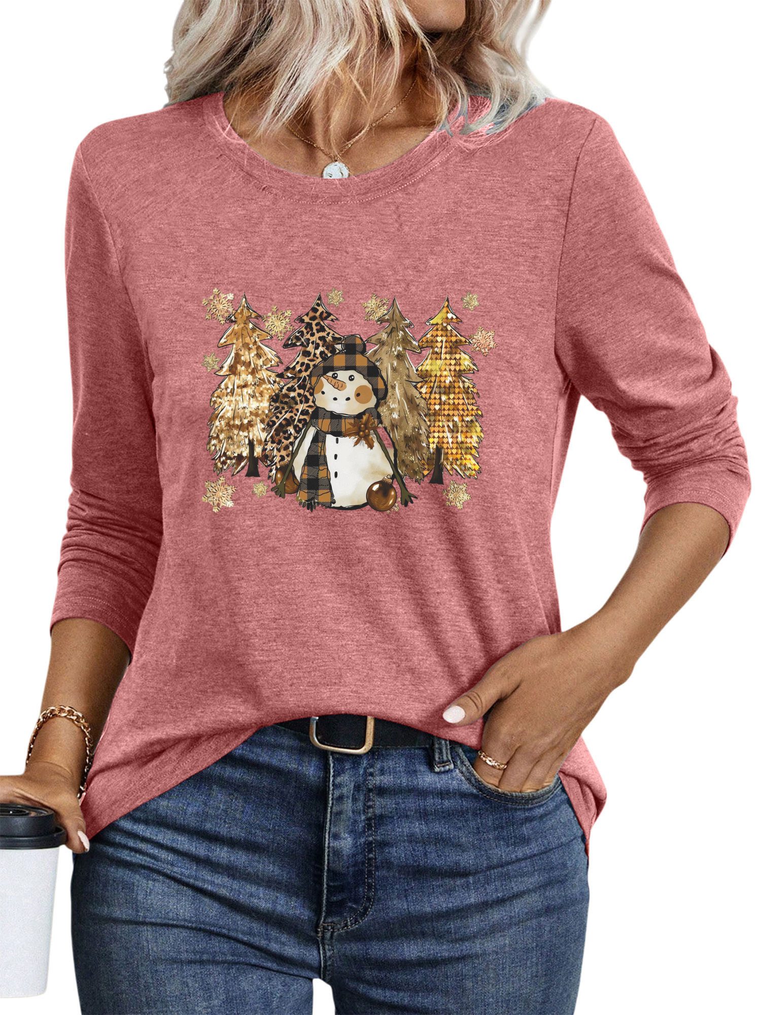 PYLIKE Rundhalsshirt Damen Rundhalsausschnitt Longsleeve mit Schneemann Print-Shirt Weihnachts-Sonderanfertigungen