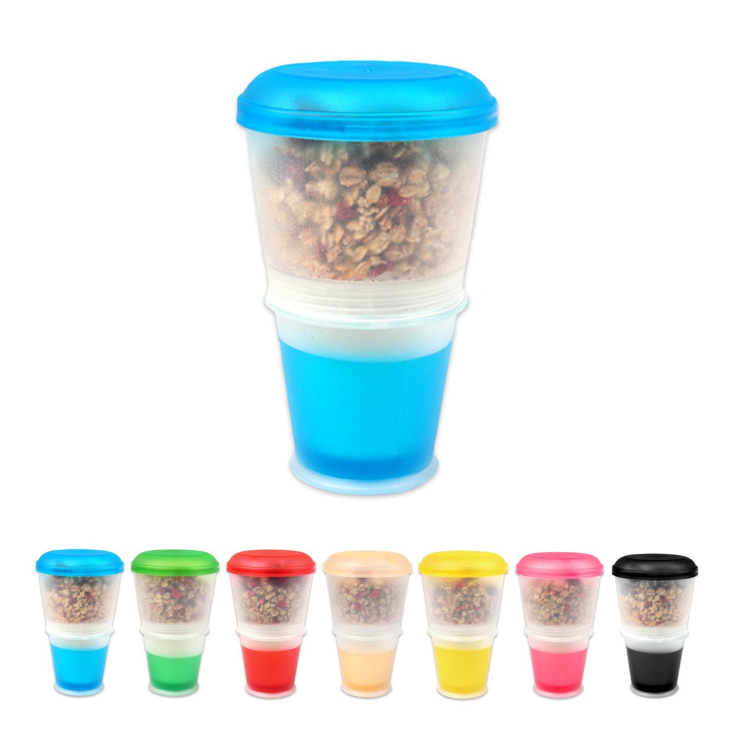 Joghurt Joghurtbehälter Becher unterwegs Schramm® Joghurtgläser blau Müsli-to-Go go Müslischale integriertem Schramm to Müslibehälter Farben Joghurtbecher mit Müslibecher Löffel Kühlfach 7 und für