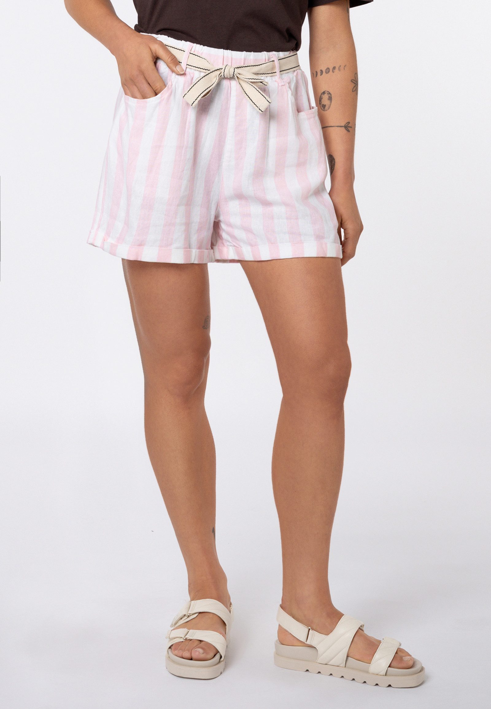 Eight2Nine Shorts Kurze Damen Leinenhose mit Streifen Leinen-Viskose Shorts mit Bindegürtel und Streifen