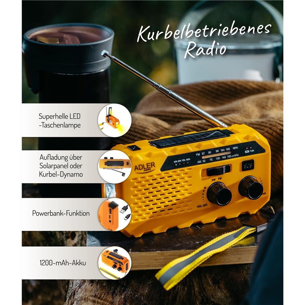 Adler AD 1197 Kurbelradio Notfallradio (FM-Tuner, AM-Tuner, tragbares Radio, Taschenlampe, Ladefunktion)