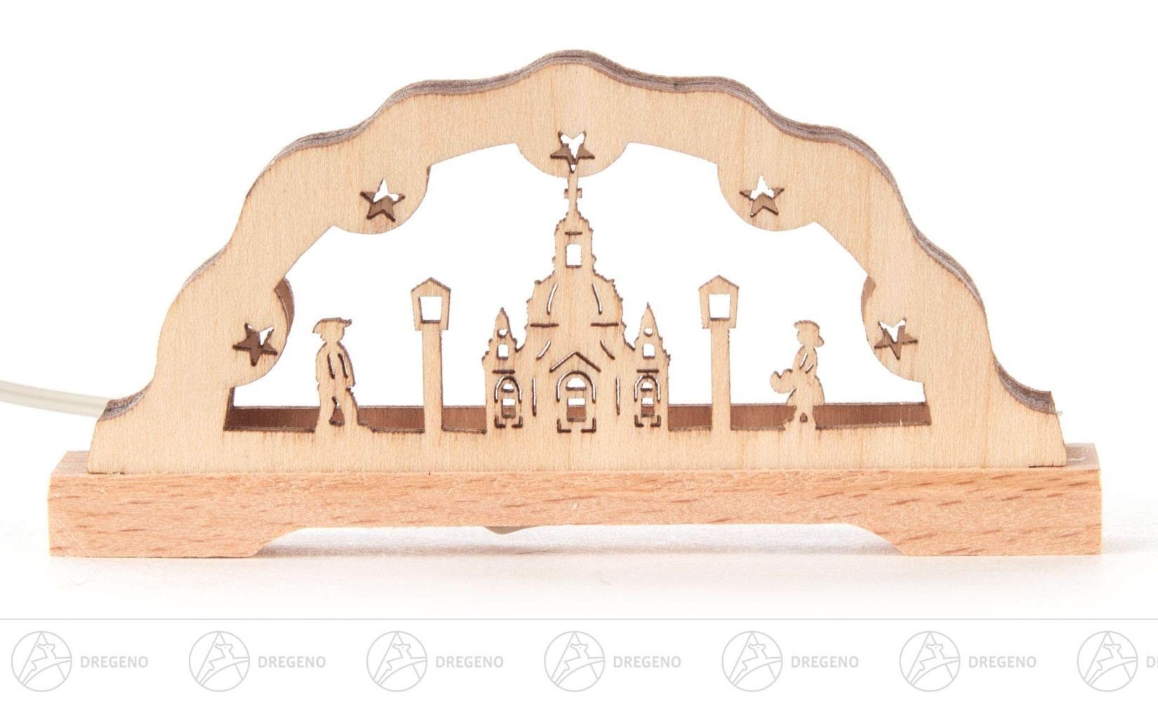 Dregeno Erzgebirge Lichterbogen Miniatur-Schwibbogen Frauenkirche mit LED Beleuchtung 12V BxH=7 × 3 c