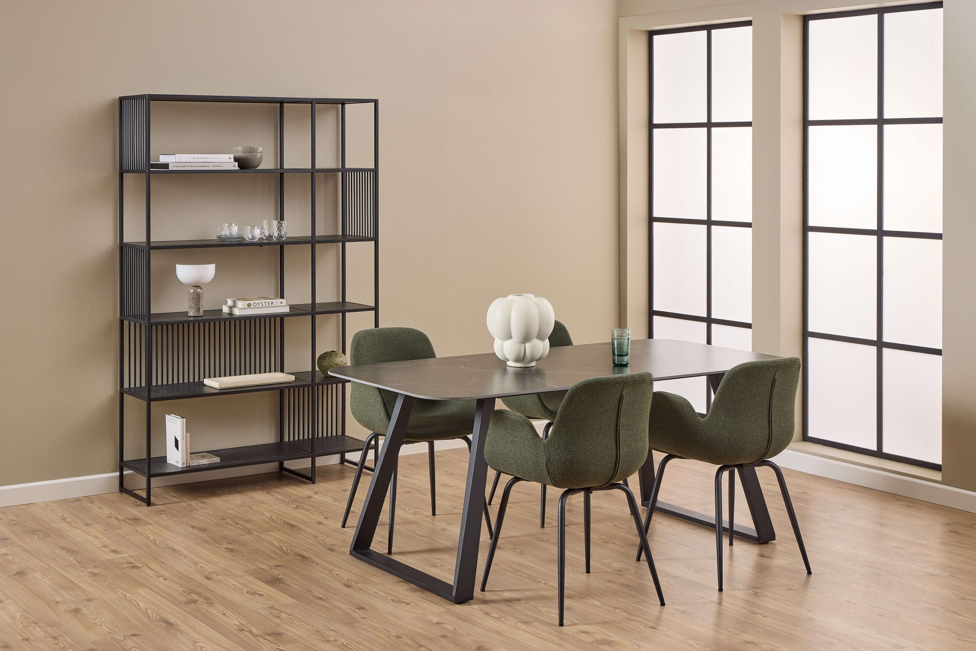 ACTONA GROUP Bücherregal Strington, Regal, Raumteiler, Standregal, schwarzer Stahlrahmen, 5 Regale, Marmoroptik, FSC™