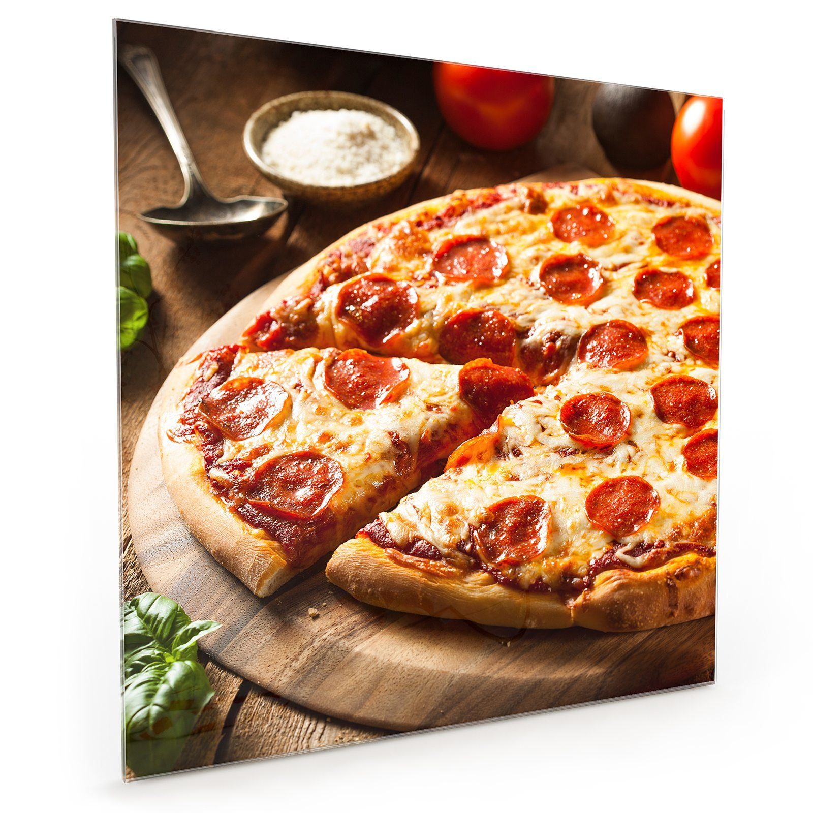 Spritzschutz Holzplatte Pizza Motiv Küchenrückwand mit Glas auf Primedeco Küchenrückwand