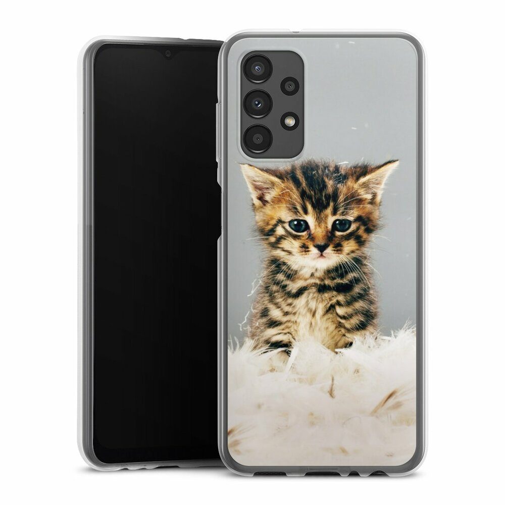DeinDesign Handyhülle Katze Haustier Feder Kitty, Samsung Galaxy A13 4G Silikon Hülle Bumper Case Handy Schutzhülle