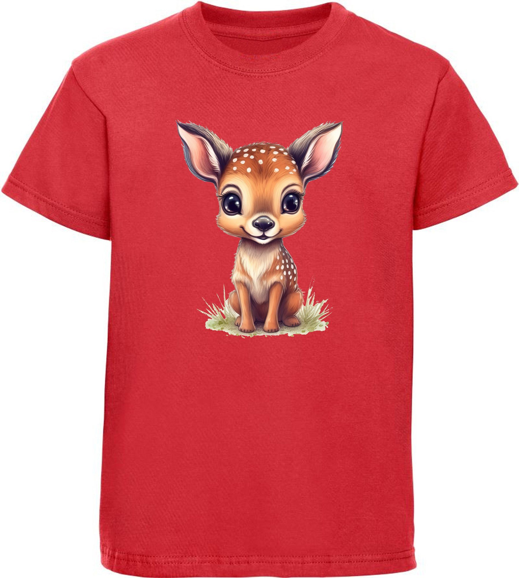 MyDesign24 T-Shirt Kinder Wildtier Print Shirt bedruckt - Baby Reh Rehkitz Baumwollshirt mit Aufdruck, i269 rot