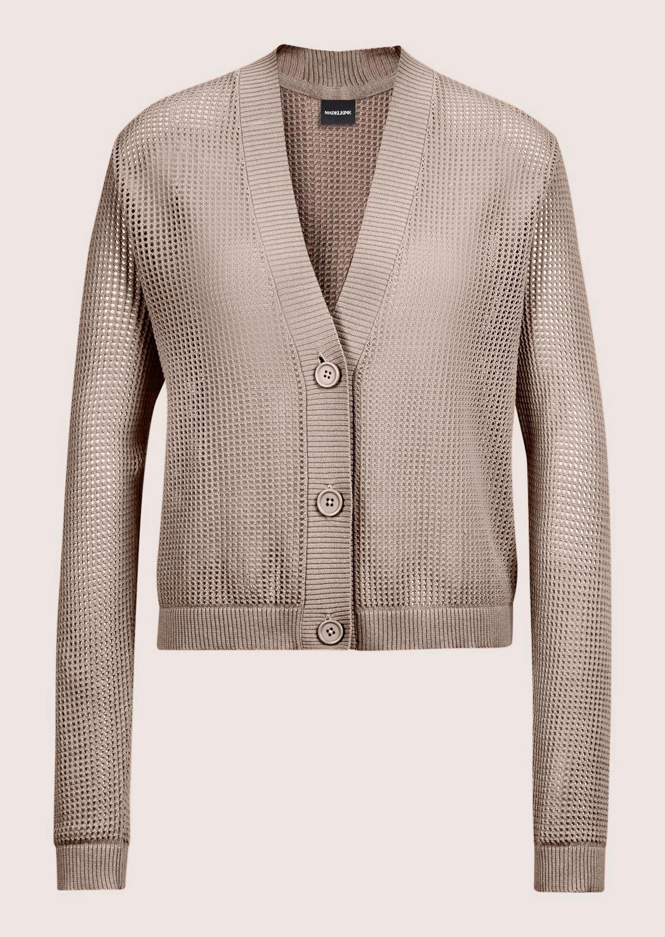 MADELEINE Strickjacke Kurze Ajour-Strickjacke mit Knöpfen Uni-Design mit femininem V-Ausschnitt und Knopfverschluss – Bild 5 von 5