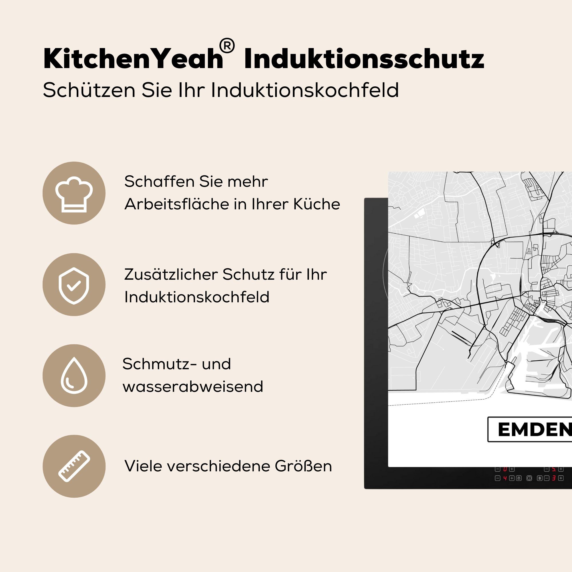 Deutschland MuchoWow (1 Stadtplan, für 78x78 Vinyl, - Ceranfeldabdeckung, - Emden cm, Karte tlg), Arbeitsplatte Herdblende-/Abdeckplatte küche -