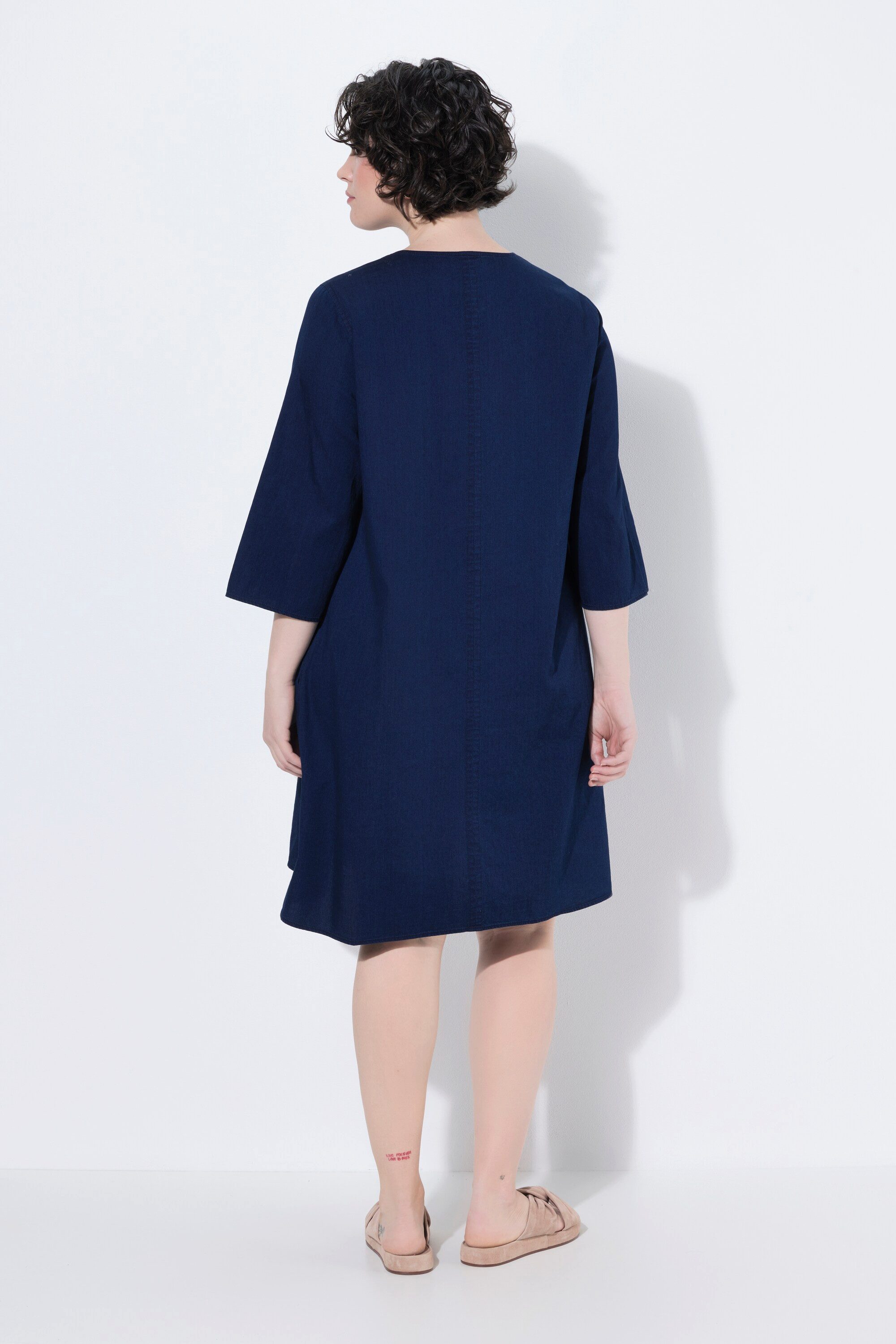 Ulla Popken Jerseykleid Jeans-Kleid Zierfalte V-Ausschnitt 3/4-Arm Taschen