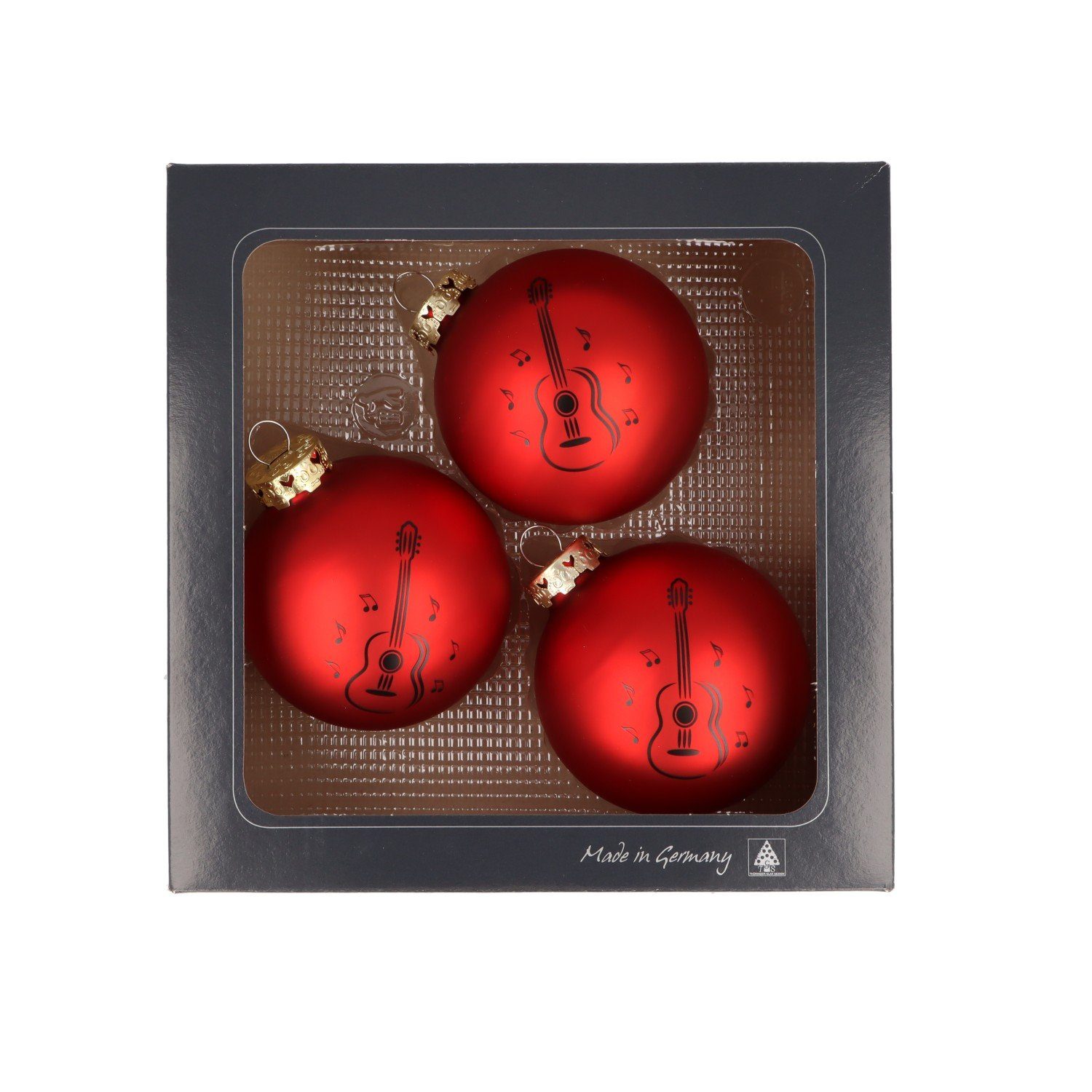 Musikboutique Weihnachtsbaumkugel, 3er-Set aus Glas mit schwarzem Konzertgitarre-Druck, Farbe rot