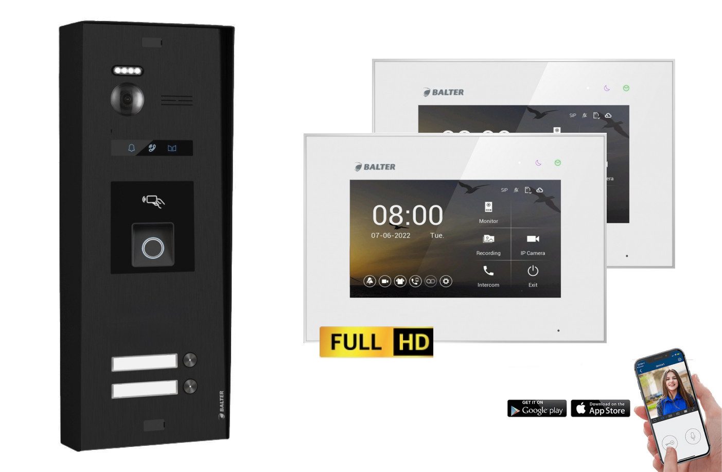 Balter Video-Türsprechanlage BALTER EVO-HD Aufputz Türsprechanlage 2-Familienhaus Schwarz Weiß (Set, 2-Familienhaus, Komplettset, Full HD 175° Kamera, Fingerprint, RFID)