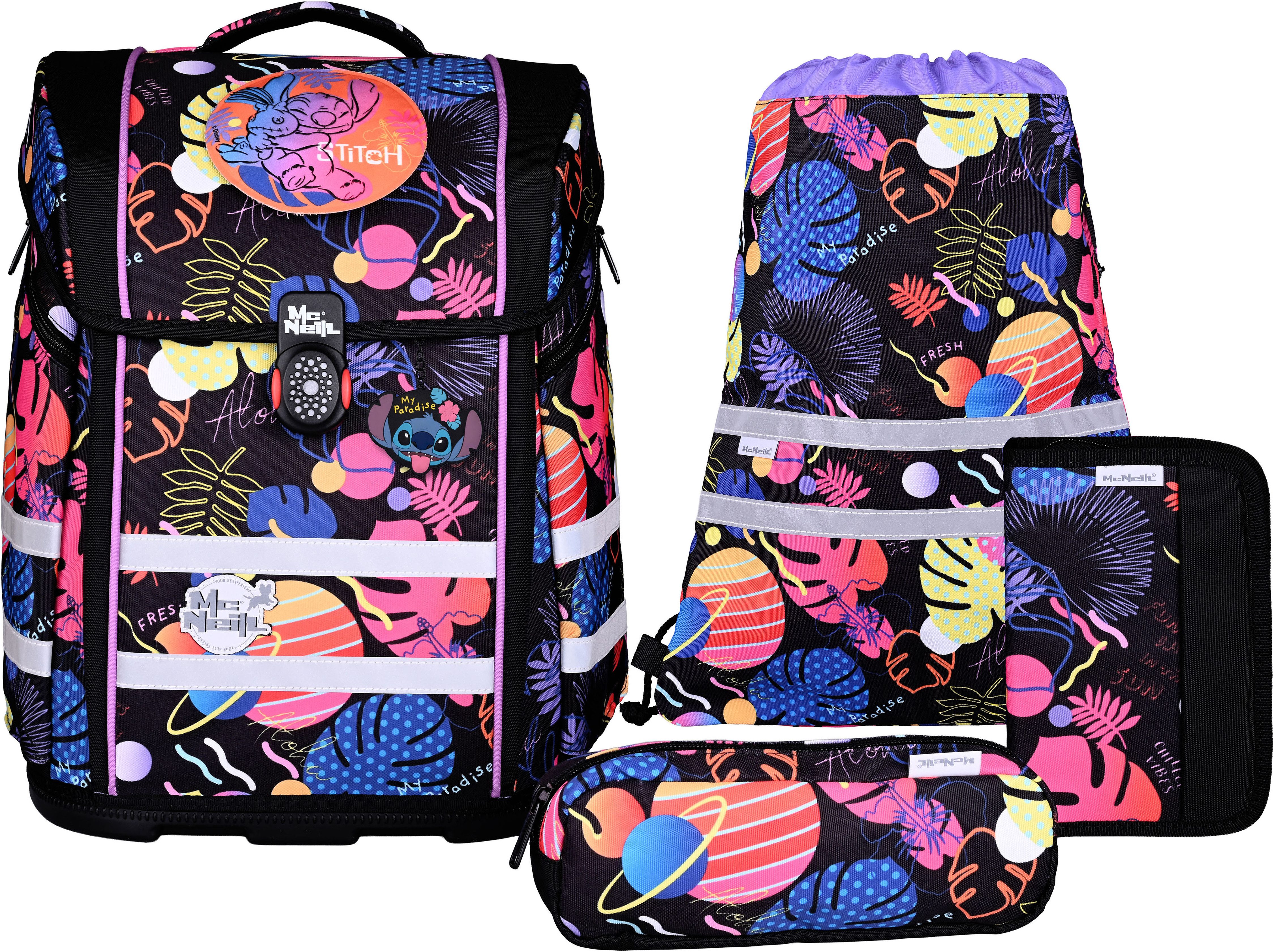 McNeill Schulranzen Perfecto, Disney Stitch, black (Set, 5-tlg), inkl. Federmäppchen, Turnbeutel, Schlamperrolle & Motivmagnet