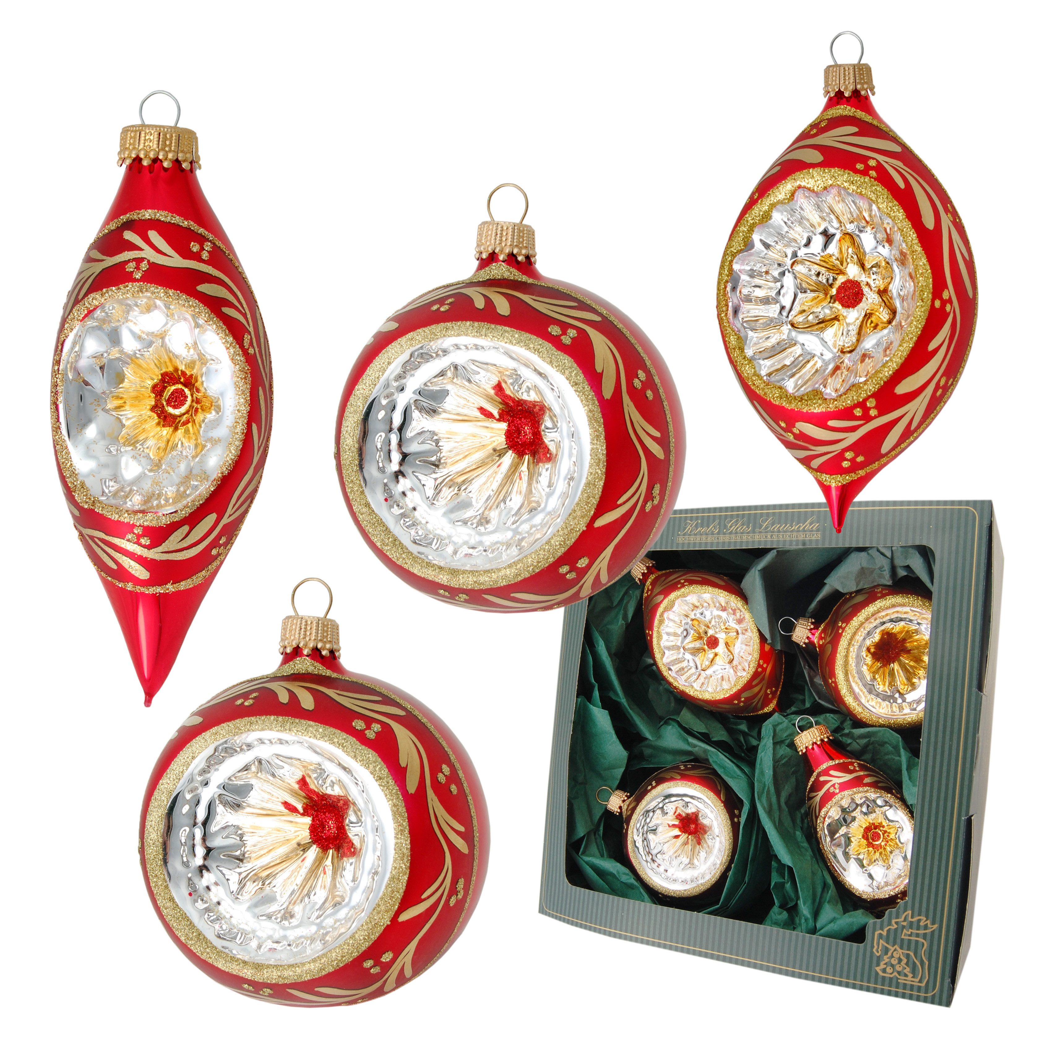 Krebs Glas Lauscha Weihnachtsbaumkugel 4er Set Reflexsortiment rot - Zwiebe günstig online kaufen