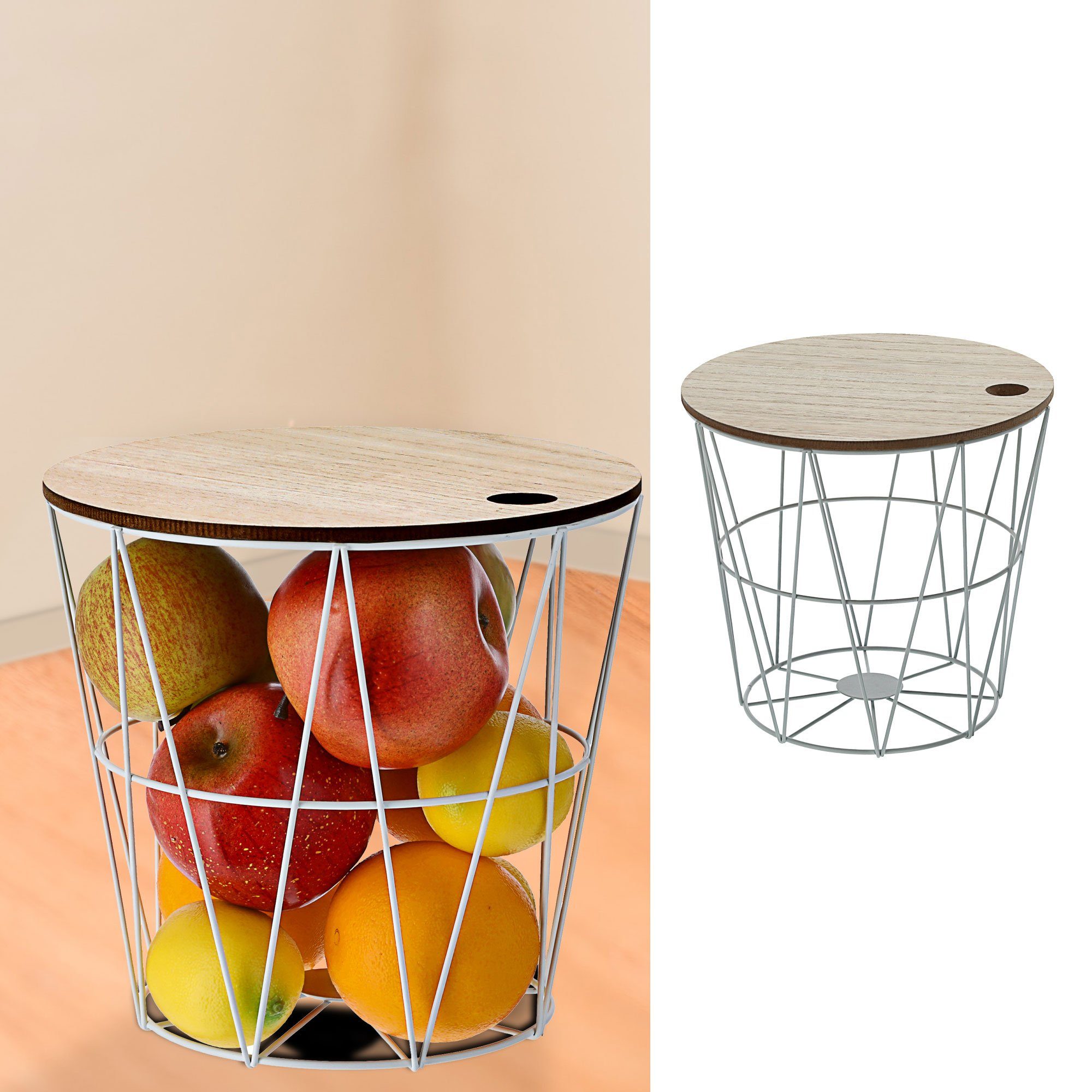 CEPEWA Beistelltisch Metallkorb weiß mit Holzdeckel H21cm günstig online kaufen
