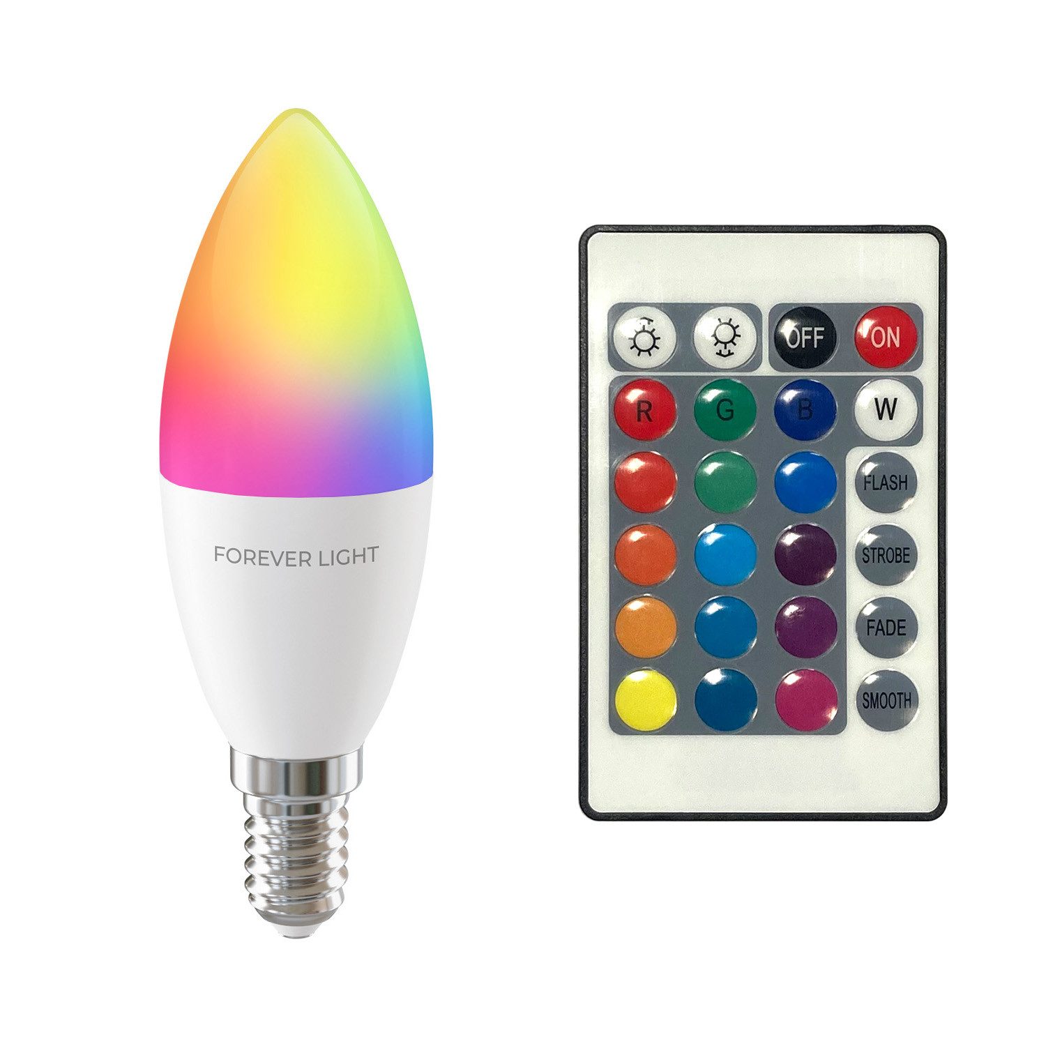 Forever Light LED-Leuchtmittel Lampe RGB E14 C37 5W 500lm Neutralweiß 4000 K Energieklasse F, Neutralweiß RGB, RGB Beleuchtung mit Pilot Fernbedienung – Bild 2 von 3