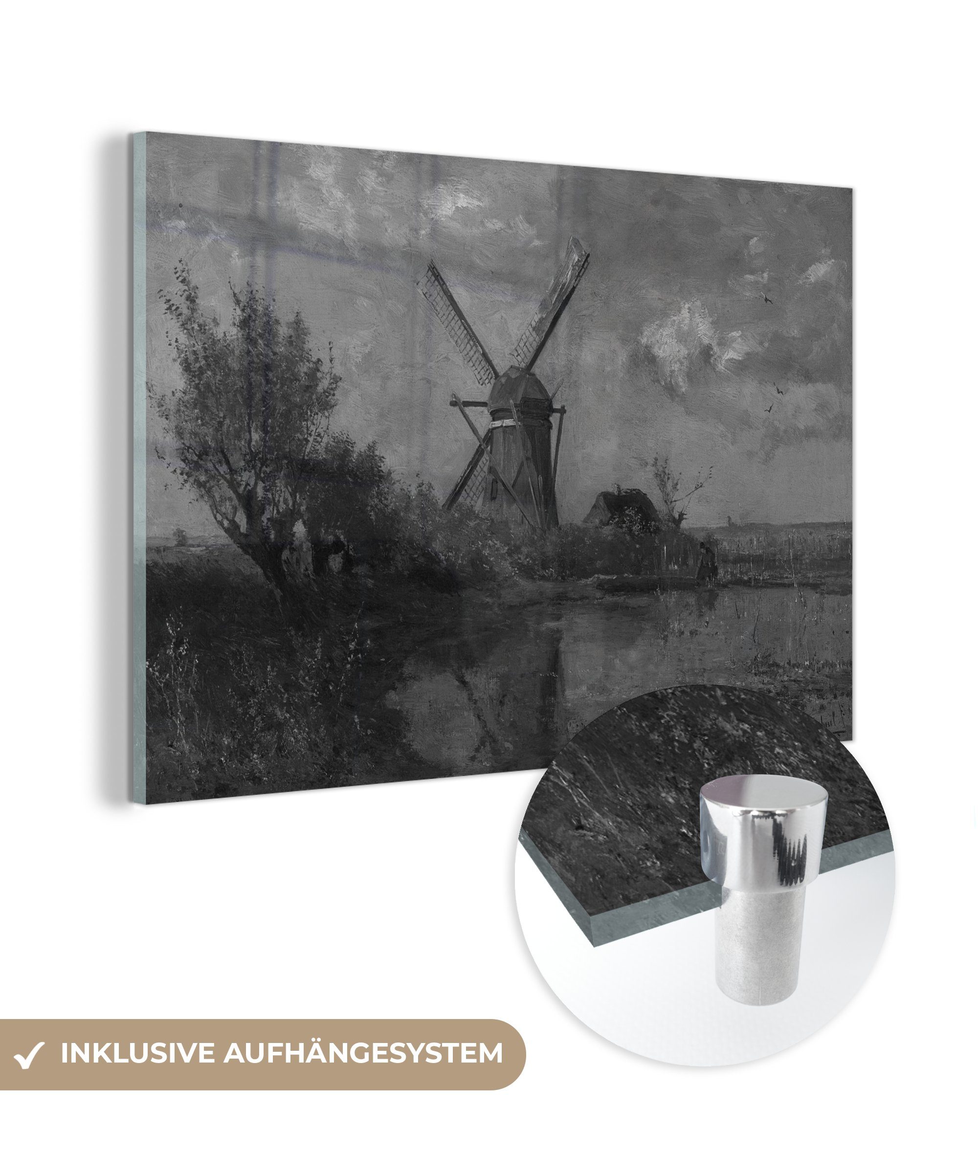 MuchoWow Acrylglasbild Mühle an einem Teich in schwarz-weiß - Gemälde von Paul Joseph, (1 St), Acrylglasbilder Wohnzimmer & Schlafzimmer