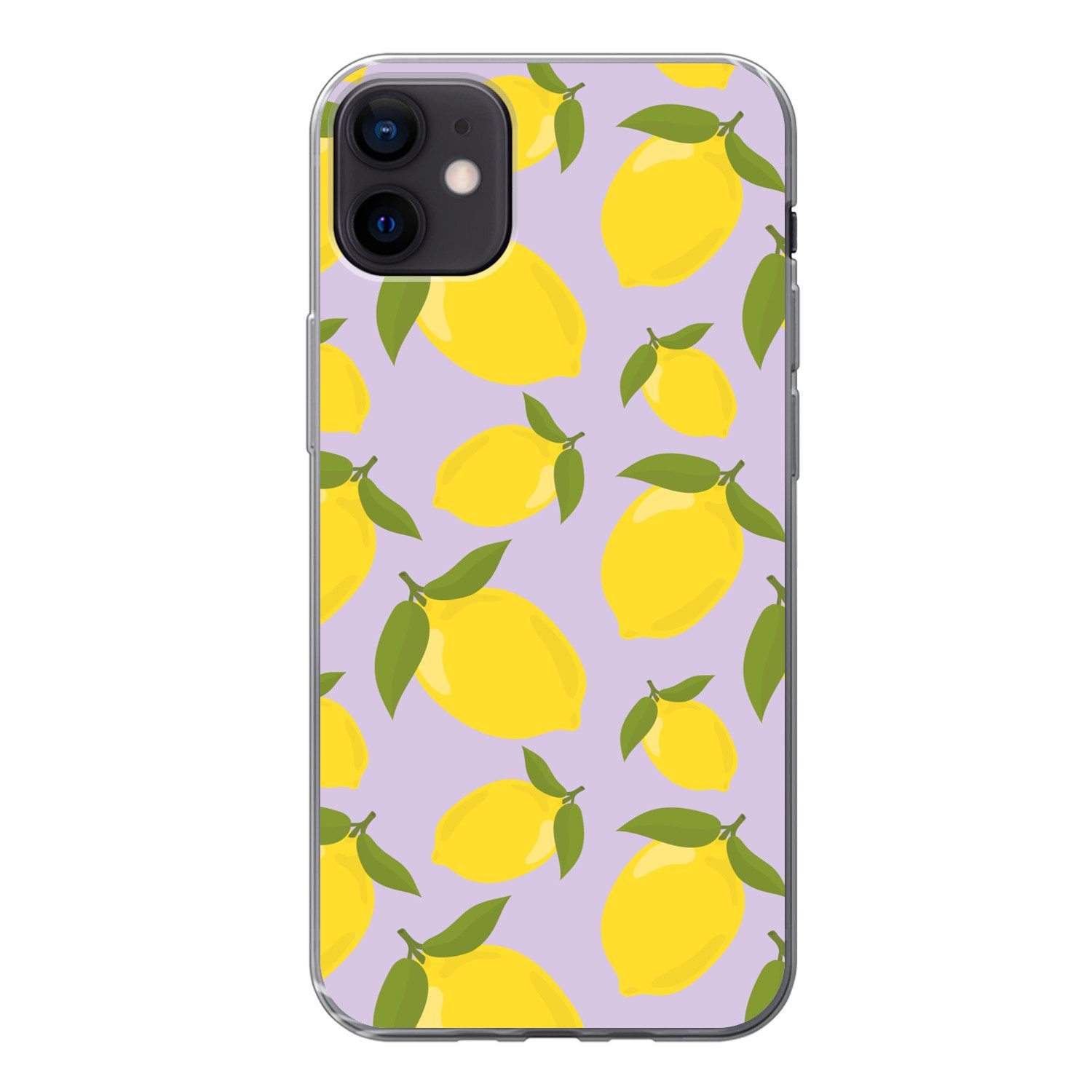 MuchoWow Handyhülle für Apple iPhone 12 mini Muster Zitronen - Gelb - Lila - Muster - Früc, Smartphone-Bumper, Print, Handy Schutzhülle Dünn