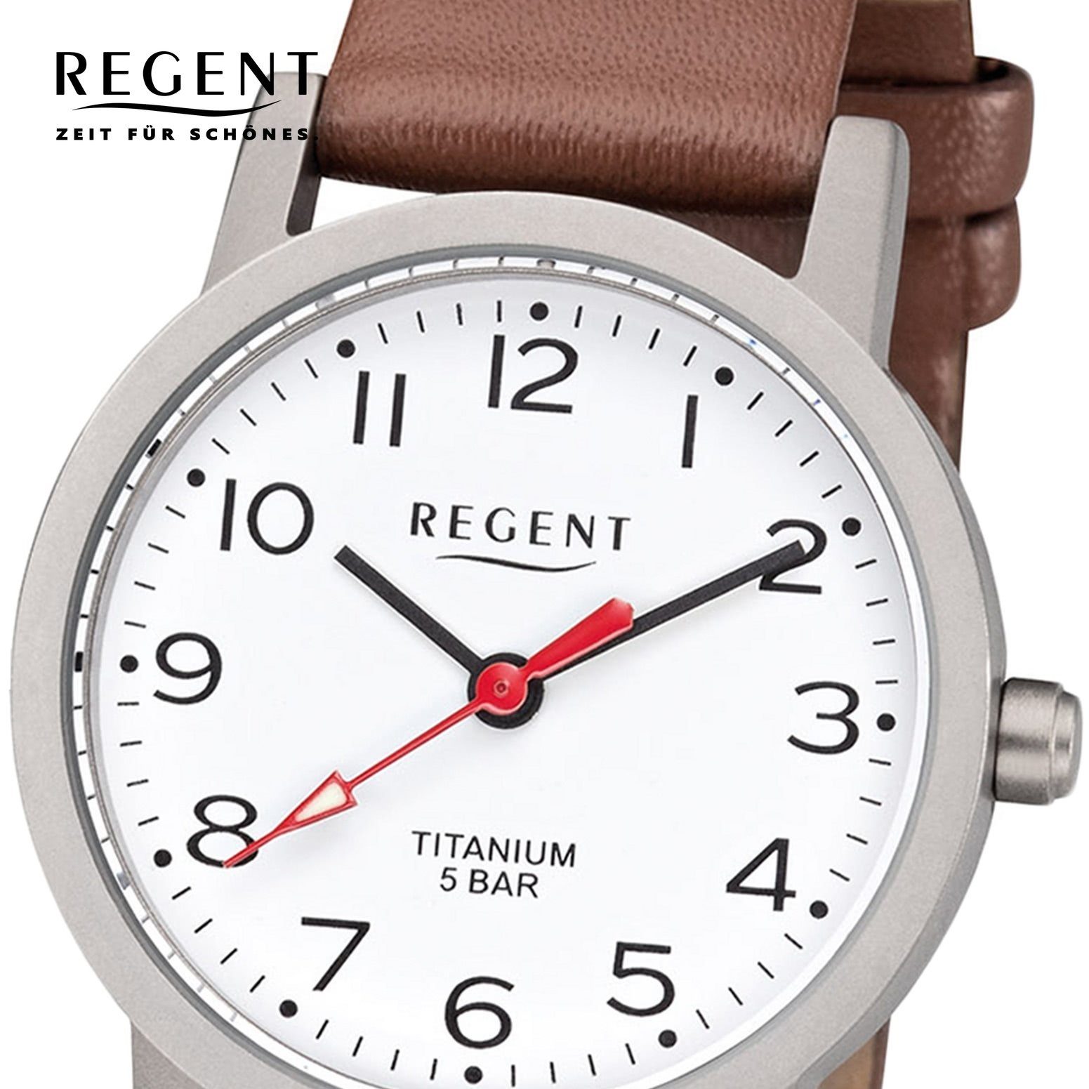 Sekundenzeiger rotem Damen 27mm), F-1213 Uhr rund, Leder Regent Quarzwerk, Regent Lederarmband, mit Armbanduhr Quarzuhr klein (ca. Damen