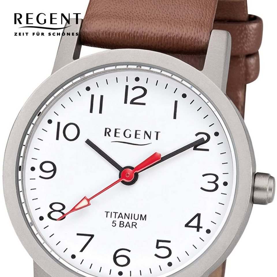 Regent Quarzuhr Regent Damen Uhr F-1213 Leder Quarzwerk, Damen Armbanduhr  rund, klein (ca. 27mm), Lederarmband, mit rotem Sekundenzeiger