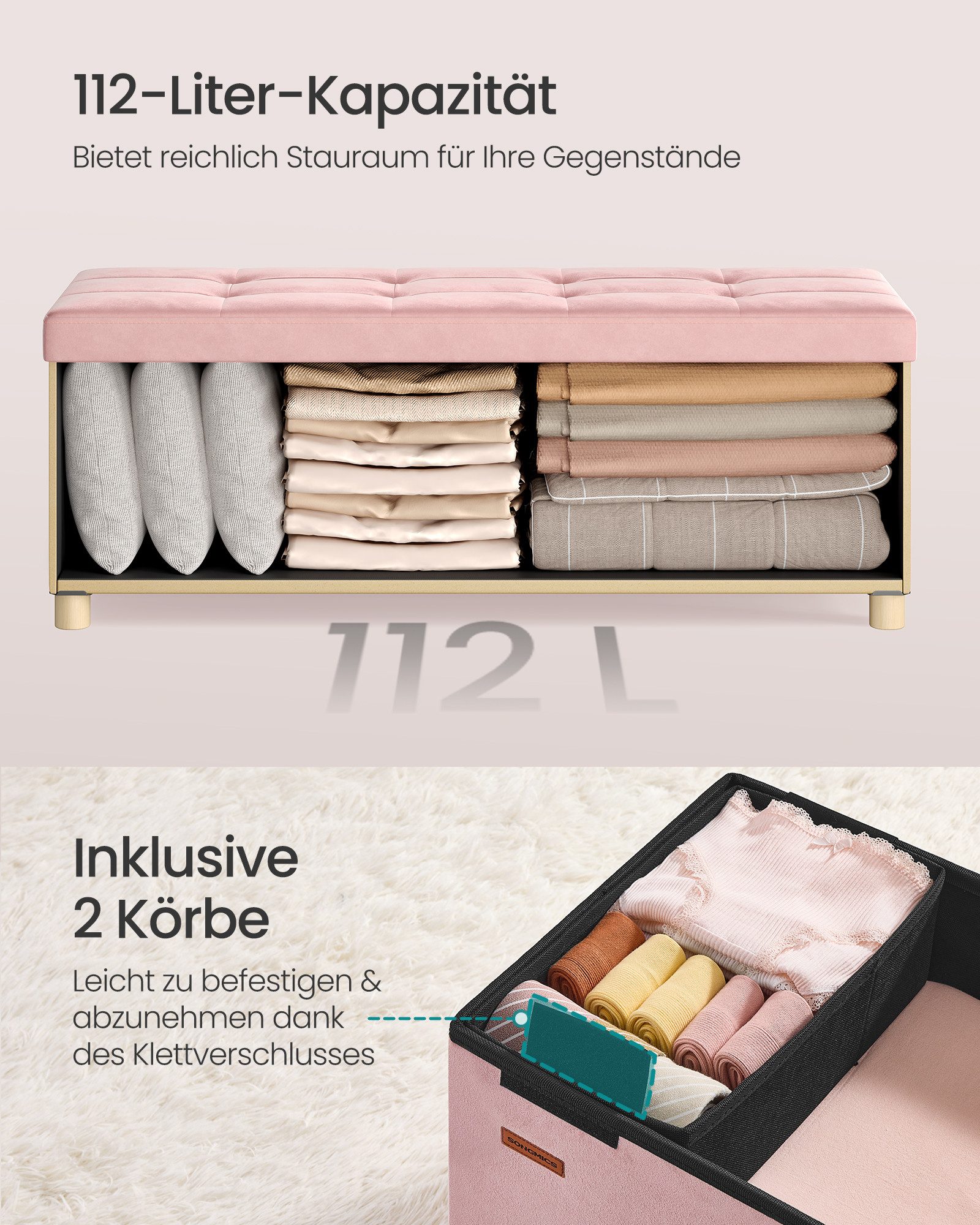 SONGMICS Sitzbank, Sitzbank, Aufbewahrungsbox faltbar, 38 x 110 x 40 cm, Hocker