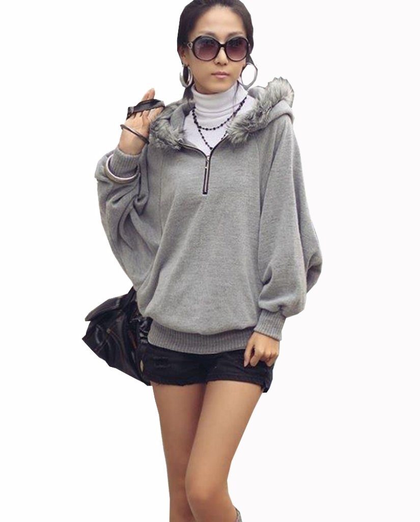 Mississhop Kapuzenfleecejacke Sweatshirt Sweatjacke mit Kunstpelz 3/4 armlang M.5146 mit Kapuze Grau