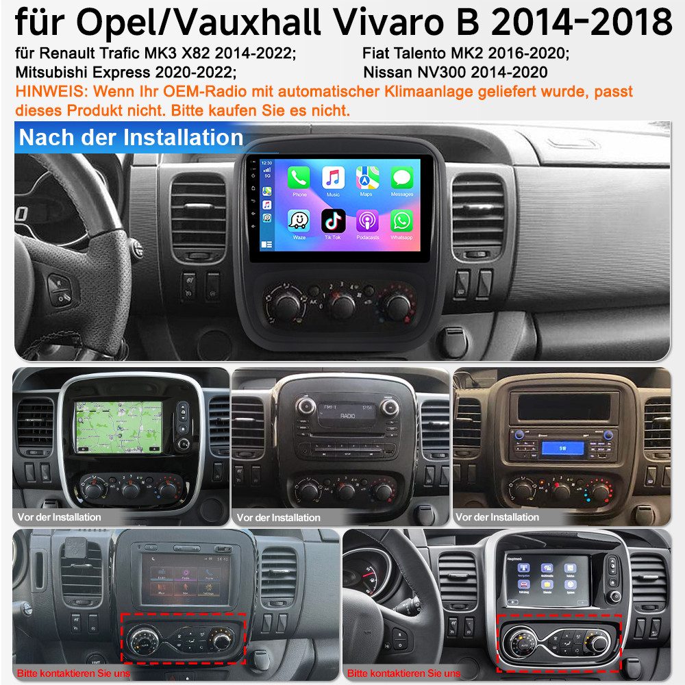 A-Sure CarPlay GPS Für Opel Vivaro B 2014–2019/Nissan NV300/Renault Trafic Autoradio (Digitalradio (DAB), FM, Carplay Android Auto Bluetooth EQ USB GPS Navi WIFI Touchscreen)